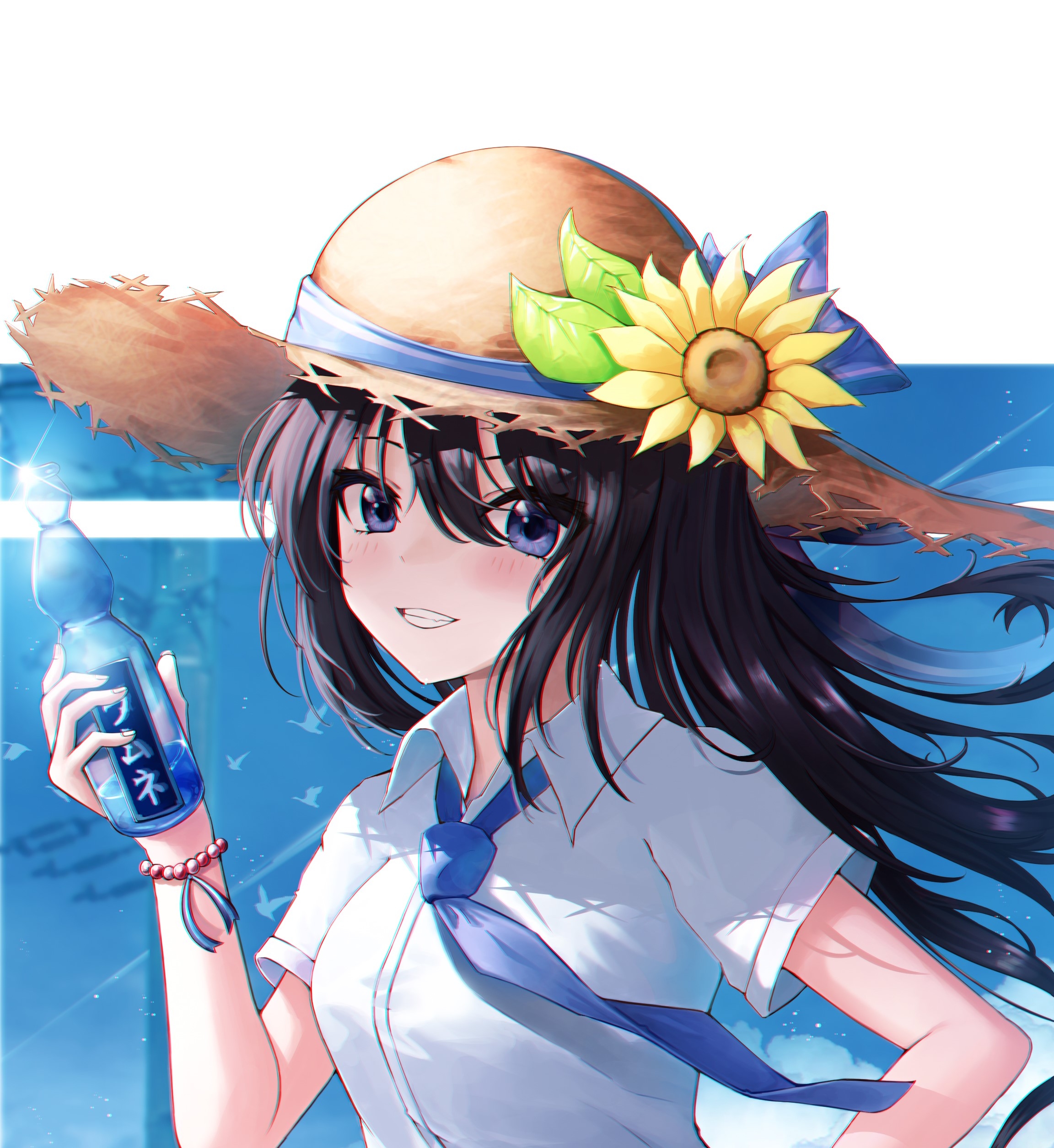 Anime 2304x2510 dark hair blue eyes sunflowers straw hat long hair bracelets water bottle birds white shirt tie smiling anime girls