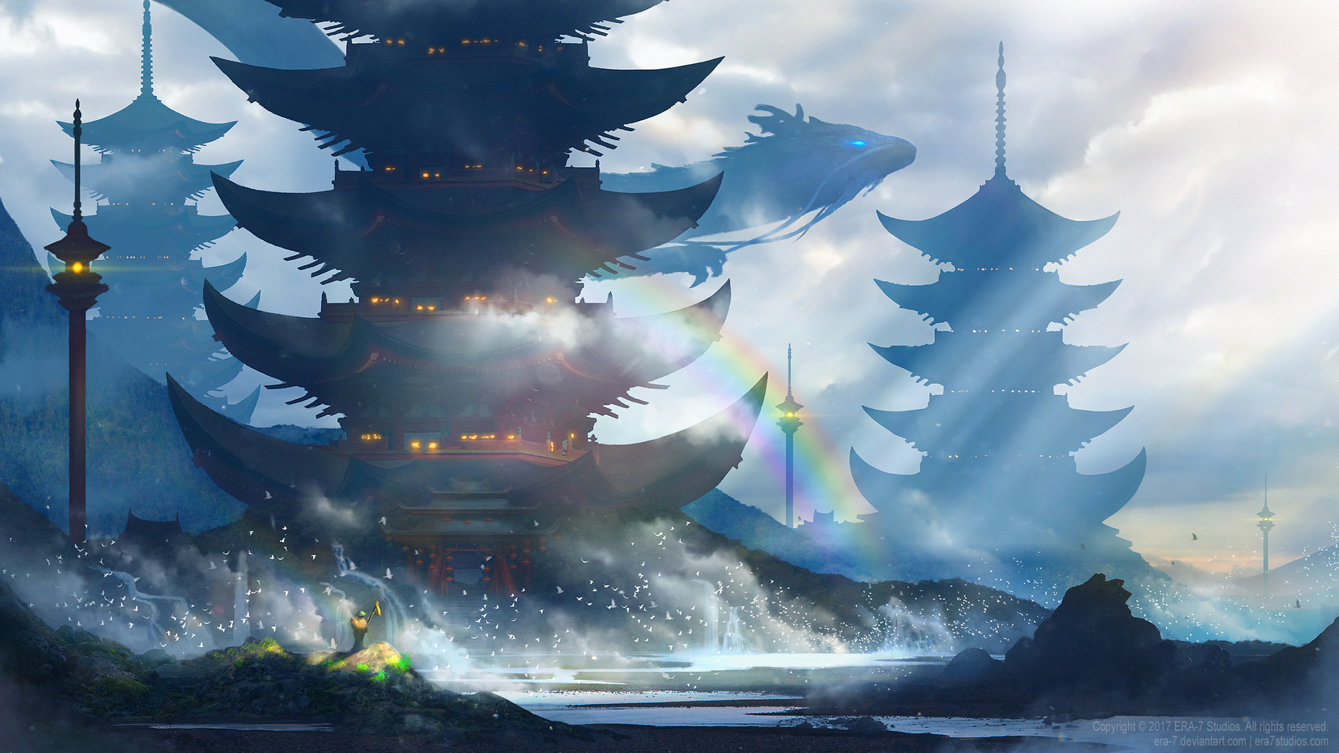 General 1920x1080 Yuliya Zabelina digital art fantasy art Asian architecture birds coast alone dragon rainbows Chinese dragon Nier