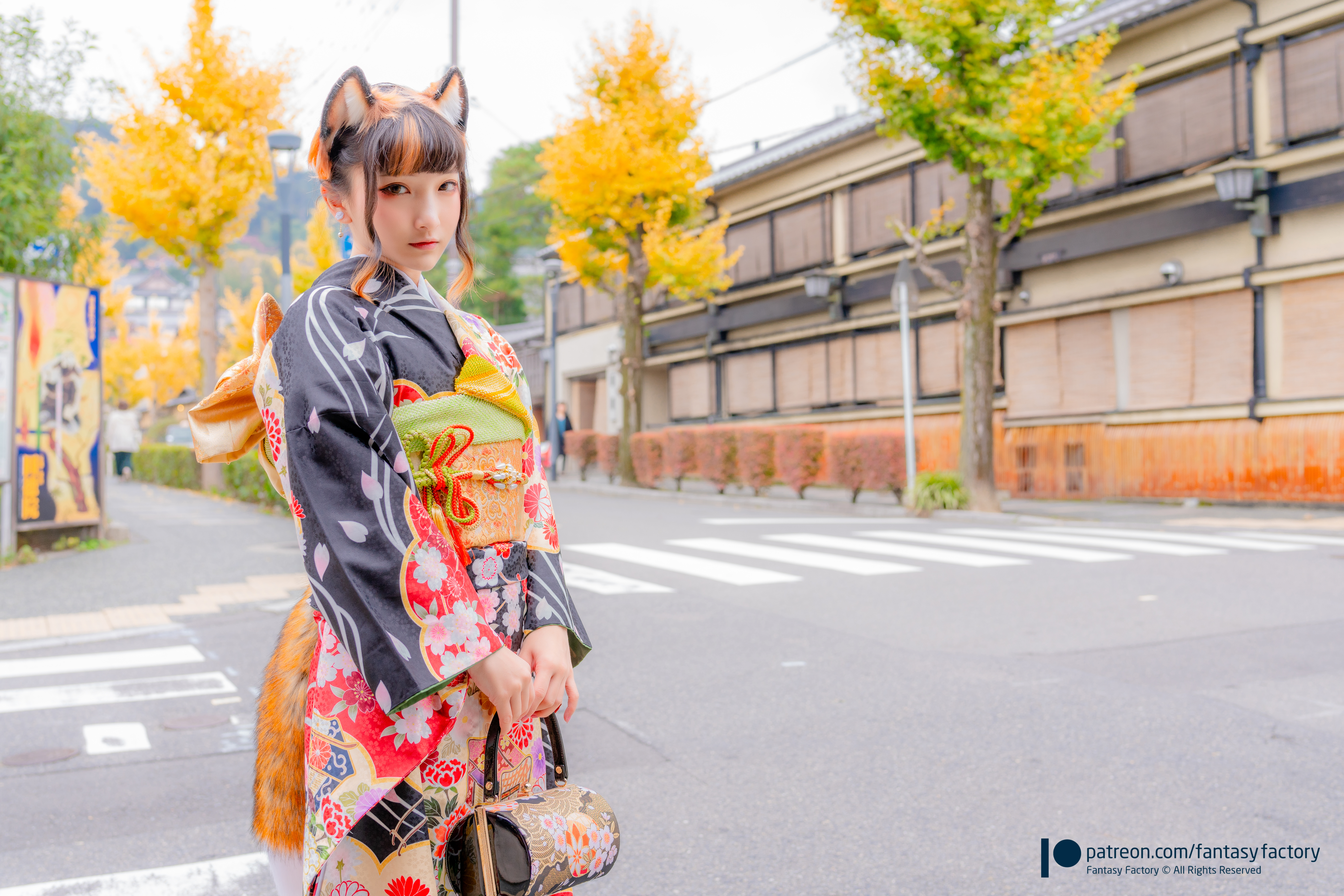 People 7106x4740 women model Asian bangs cosplay fox girl fox ears fox tail kimono depth of field portrait looking at viewer outdoors women outdoors street