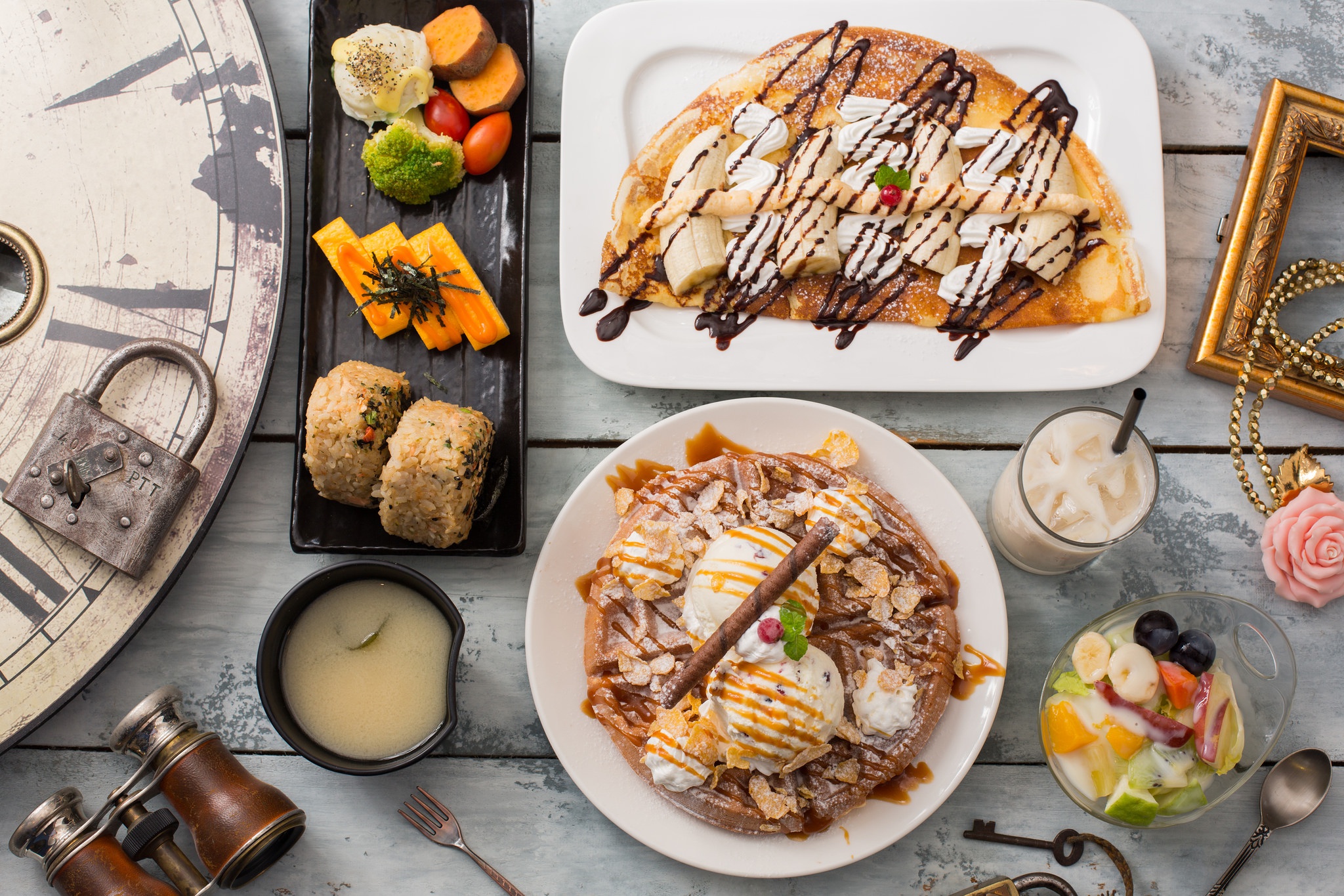 General 2048x1365 food ice cream sweets crepes waffles flowers cinnamon chocolate sauce wooden surface
