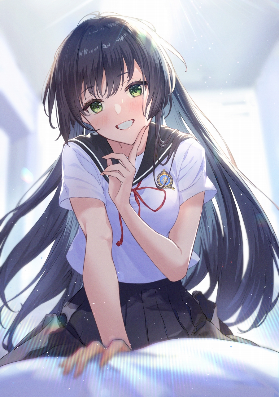 Anime 901x1280 anime anime girls school uniform halumonica Hiyori Kohal dark hair long hair green eyes smiling