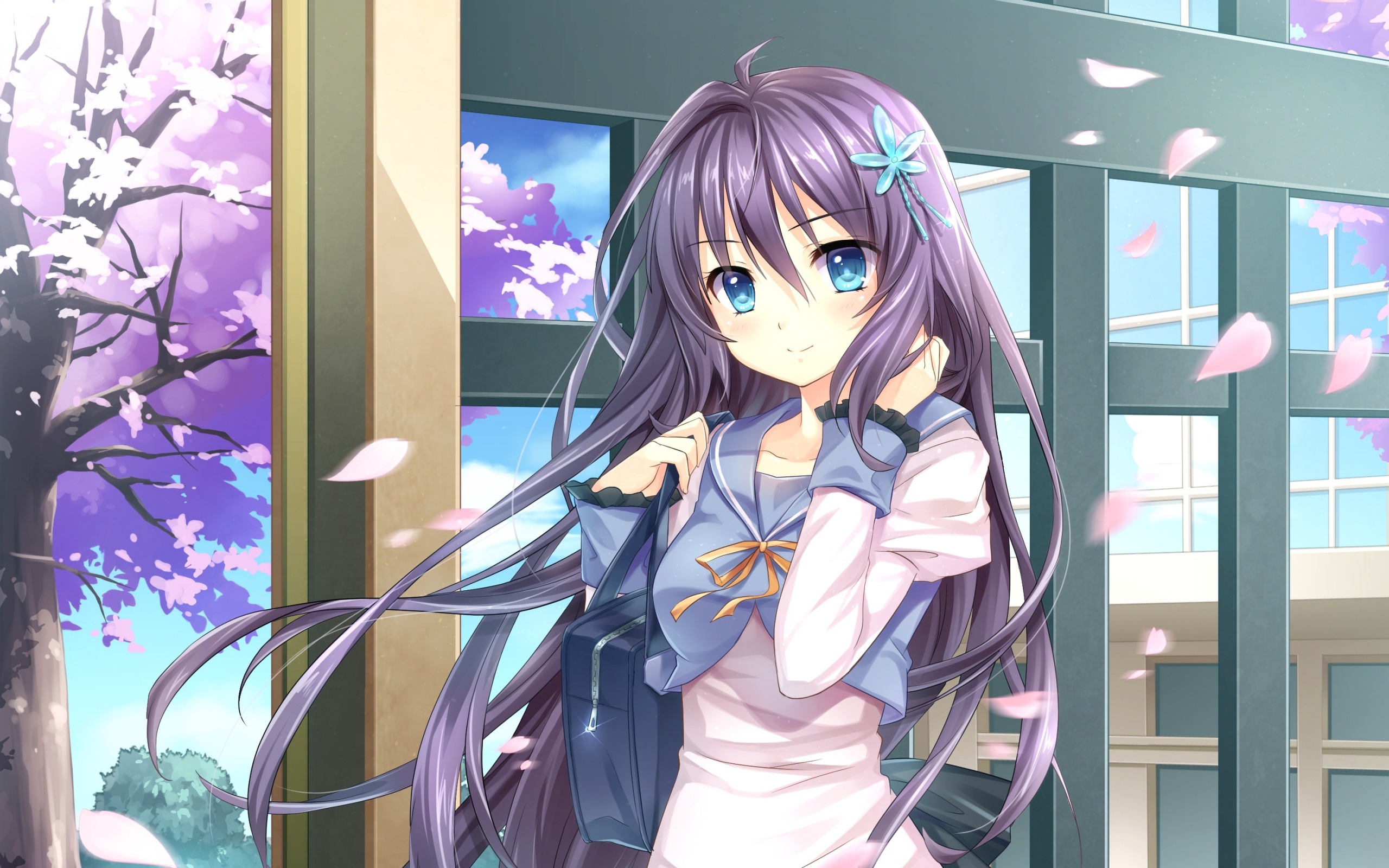 Anime 2560x1600 anime girls anime purple hair long hair looking at viewer blue eyes school uniform cherry blossom Shoufukucho