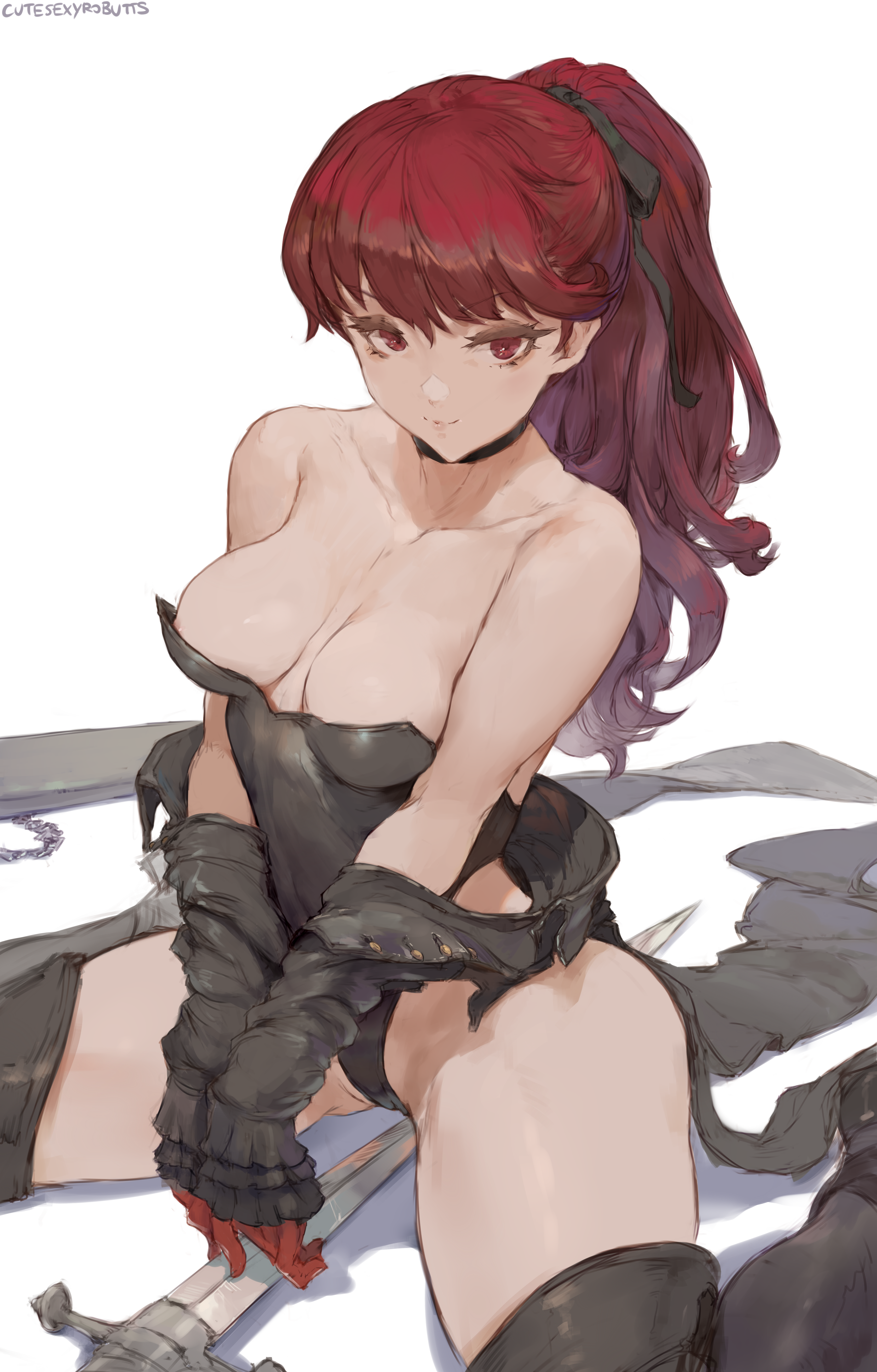 Anime 3355x5250 Kasumi Yoshizawa Persona 5 Persona series video games anime girls video game girls anime redhead ponytail bangs red eyes looking at viewer smiling choker bare shoulders cleavage no bra bodysuit leotard thick thigh thighs thigh high boots jacket gloves sword weapon white background kneeling portrait display 2D artwork drawing illustration fan art Cutesexyrobutts