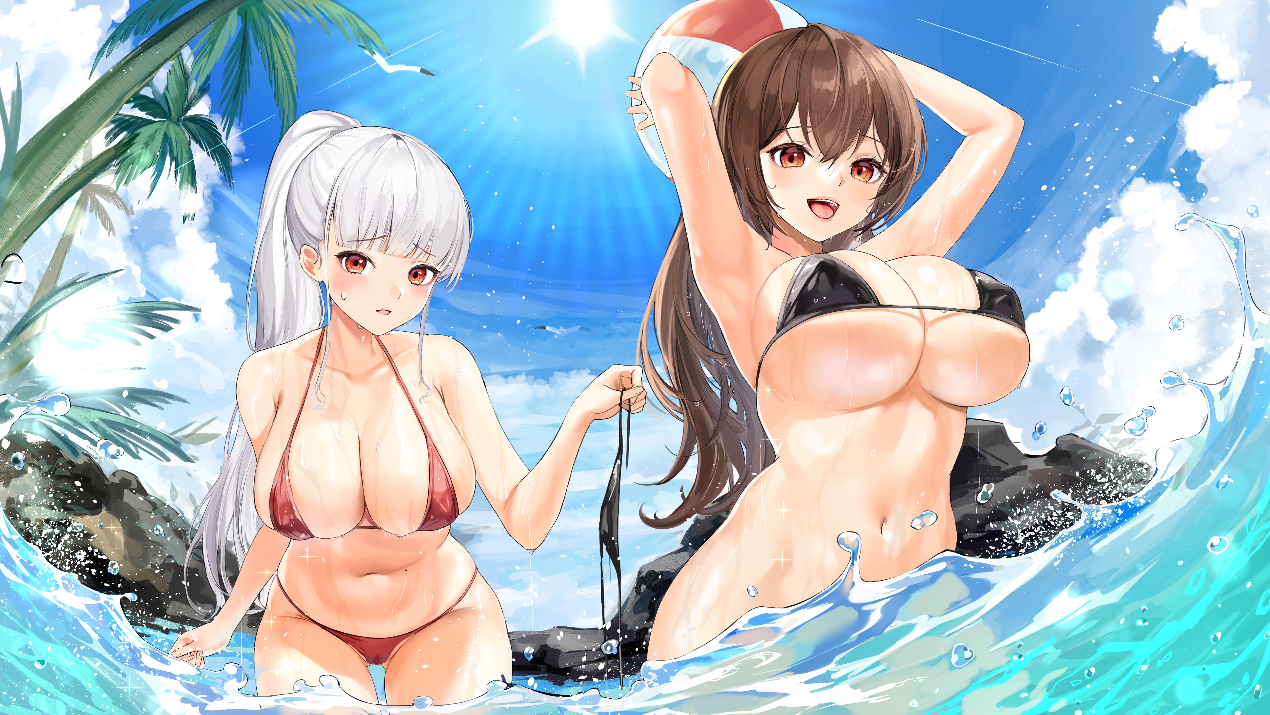 Anime 4200x2363 lillly anime anime girls bikini water Sun big boobs ball white hair brunette long hair ponytail cleavage underboob micro bikini bottomless brown eyes wet palm trees in water clouds looking at viewer beach ball arms up standing in water beach armpits wet body