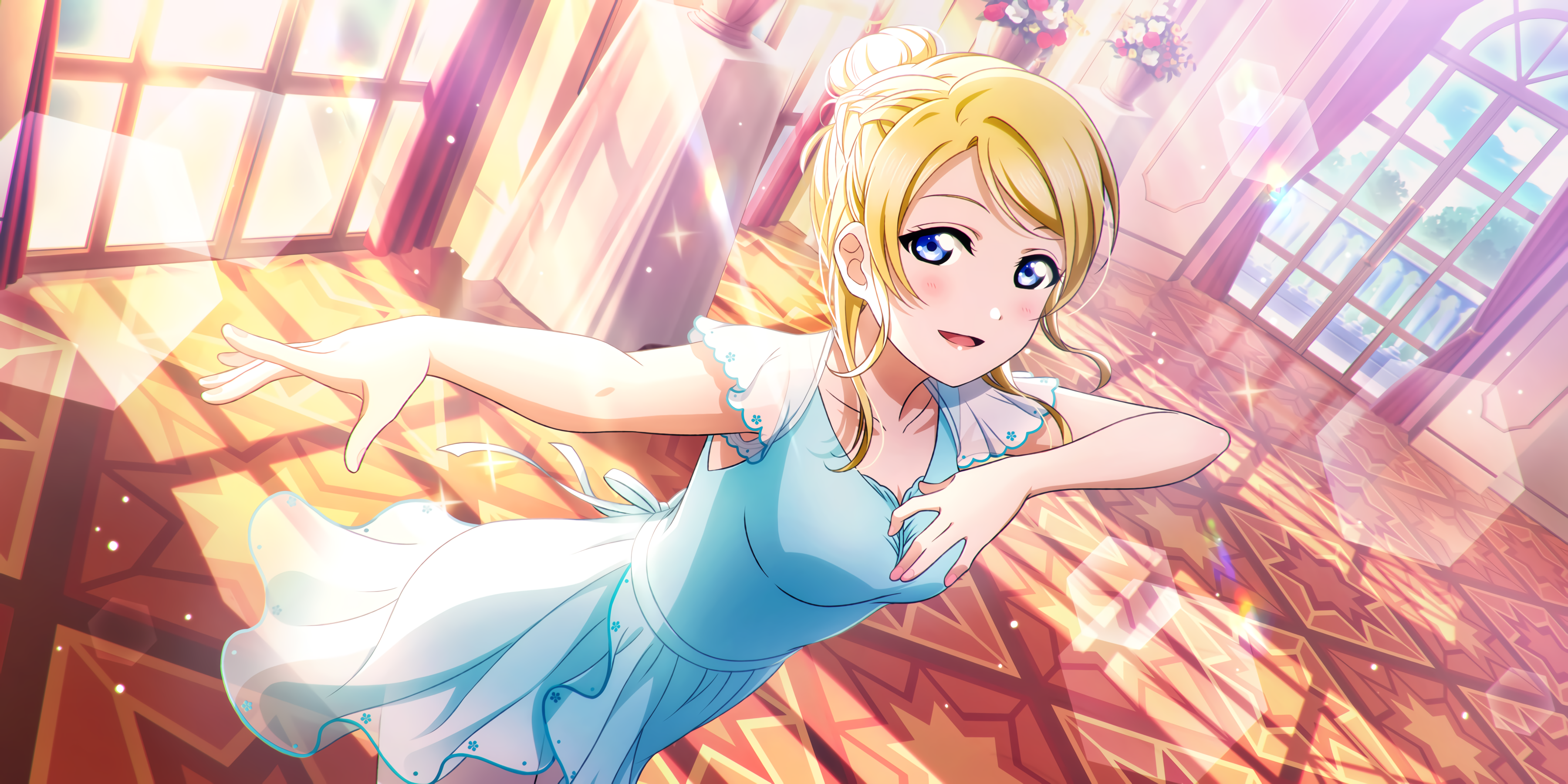 Anime 3600x1800 Ayase Eli Love Live! anime anime girls open mouth dress blue dress blue clothing women indoors looking at viewer blue eyes