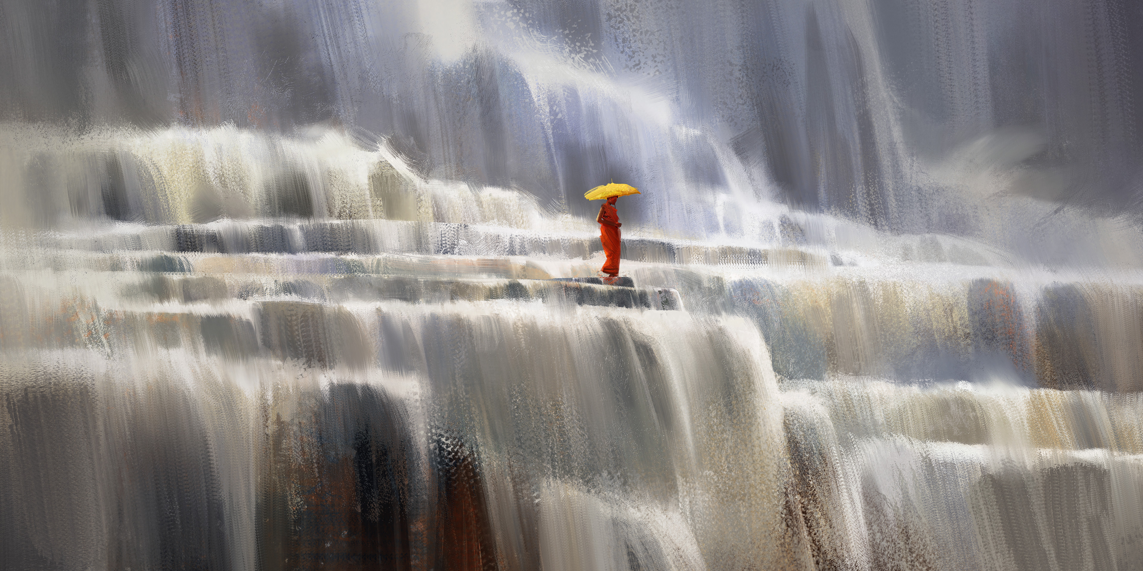 General 3840x1920 Quentin Mabille digital art digital painting artwork nature waterfall umbrella