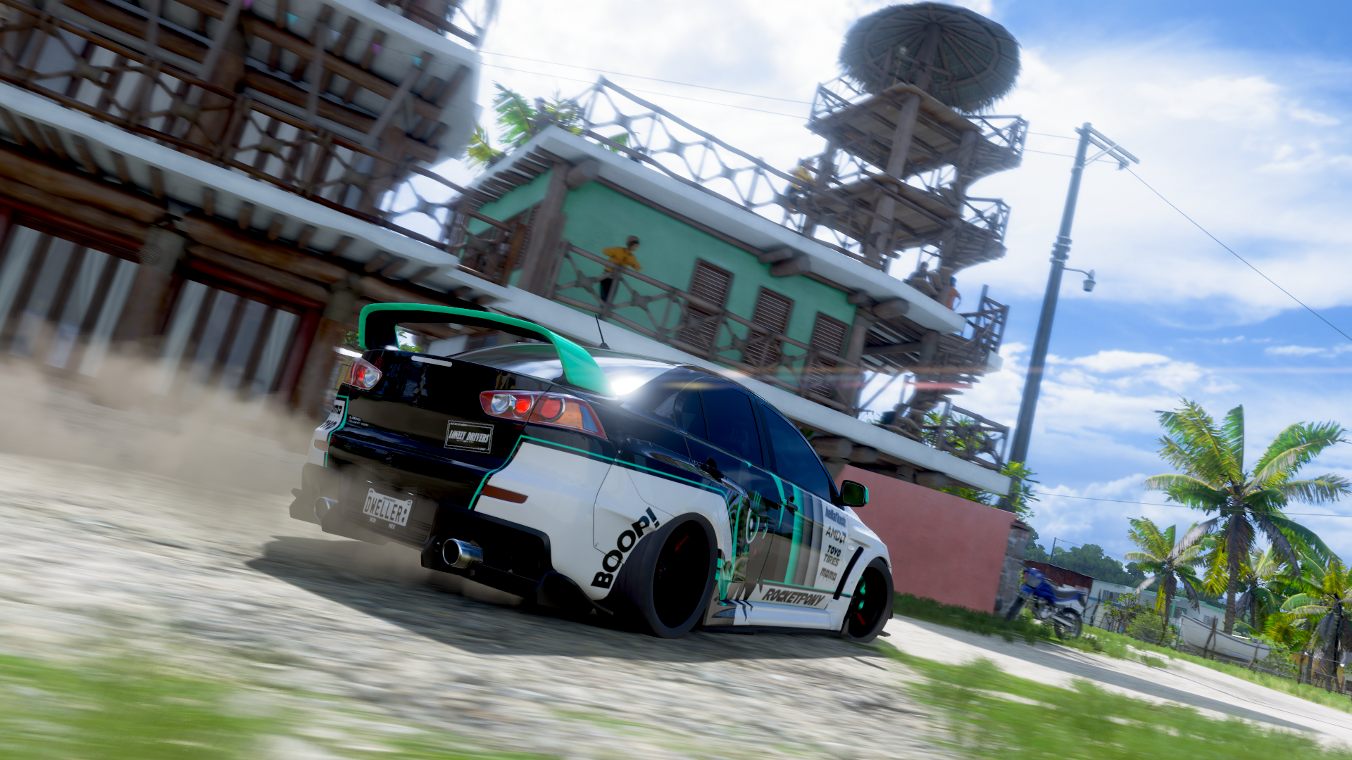 General 1920x1080 Forza Horizon 5 Mitsubishi Lancer Evo X video games Mitsubishi bodykit Japanese cars PlaygroundGames car rear view taillights licence plates palm trees video game art clouds sky smoke CGI sunlight building screen shot driving vehicle ground pony My Little Pony