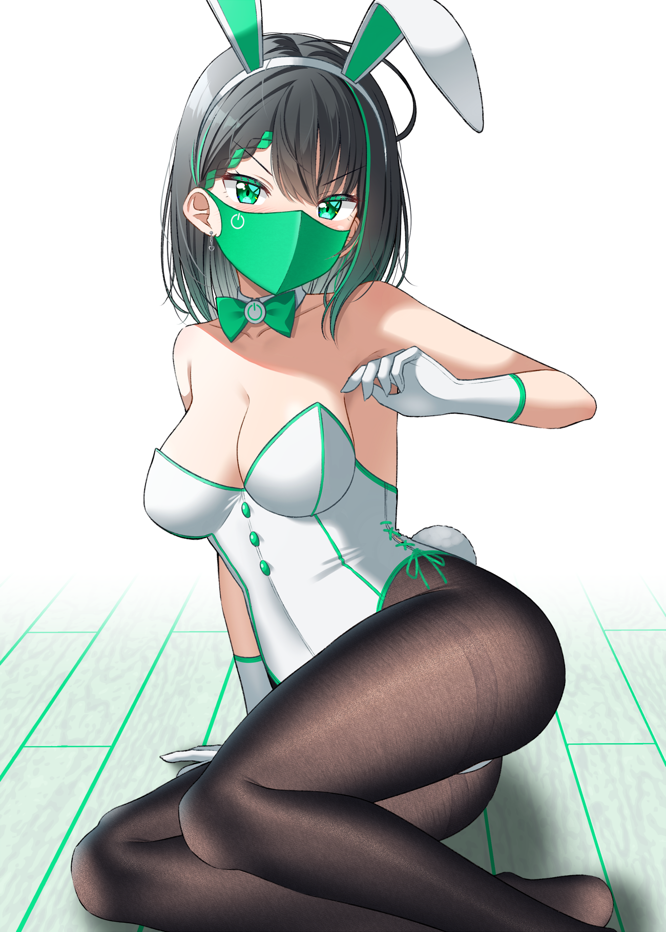 Anime 1300x1818 Gurande anime girls green eyes boobs pantyhose bunny suit cleavage black hair mask