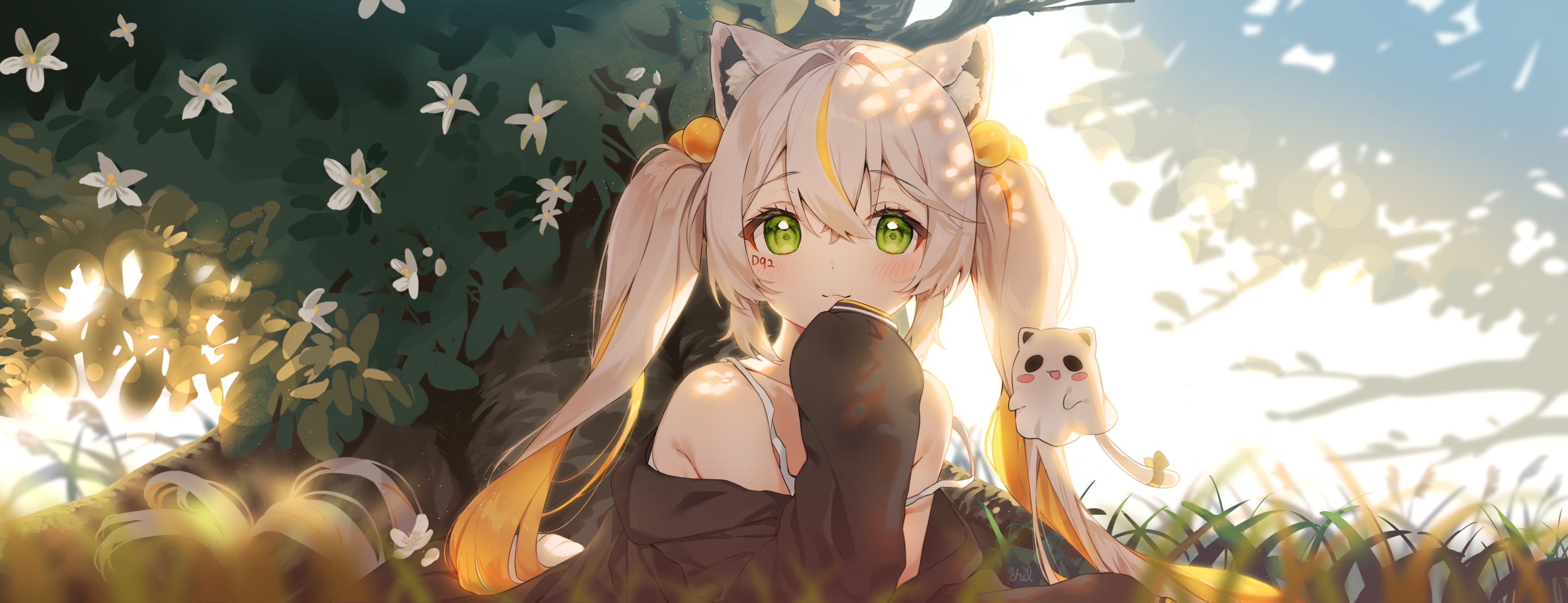 Anime 3500x1346 anime anime girls green eyes sunlight flowers plants looking at viewer long hair twintails blonde animal ears artwork Cheli