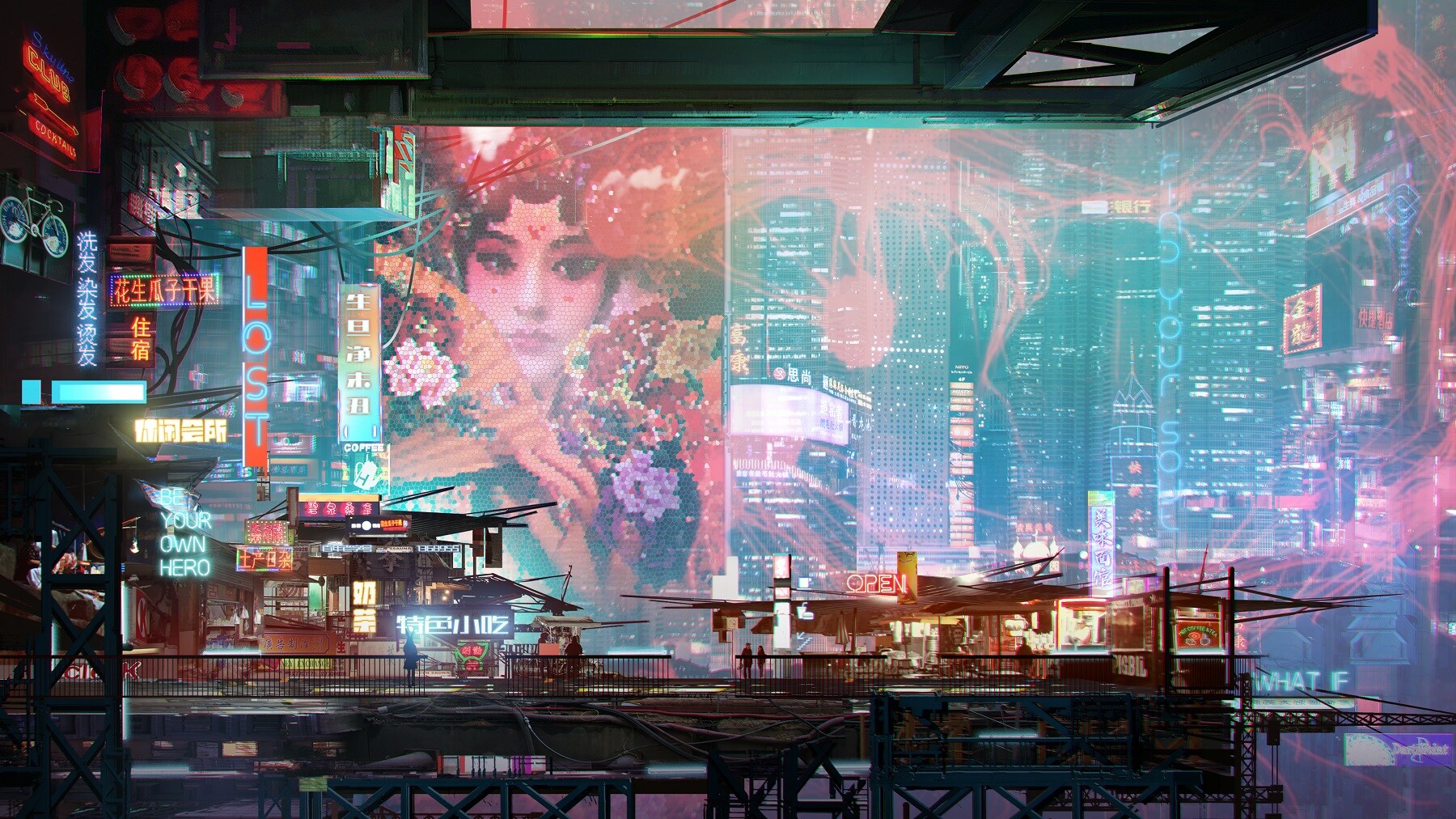 General 1800x1012 artwork cyberpunk city futuristic Asian Donglu Yu Beijing opera
