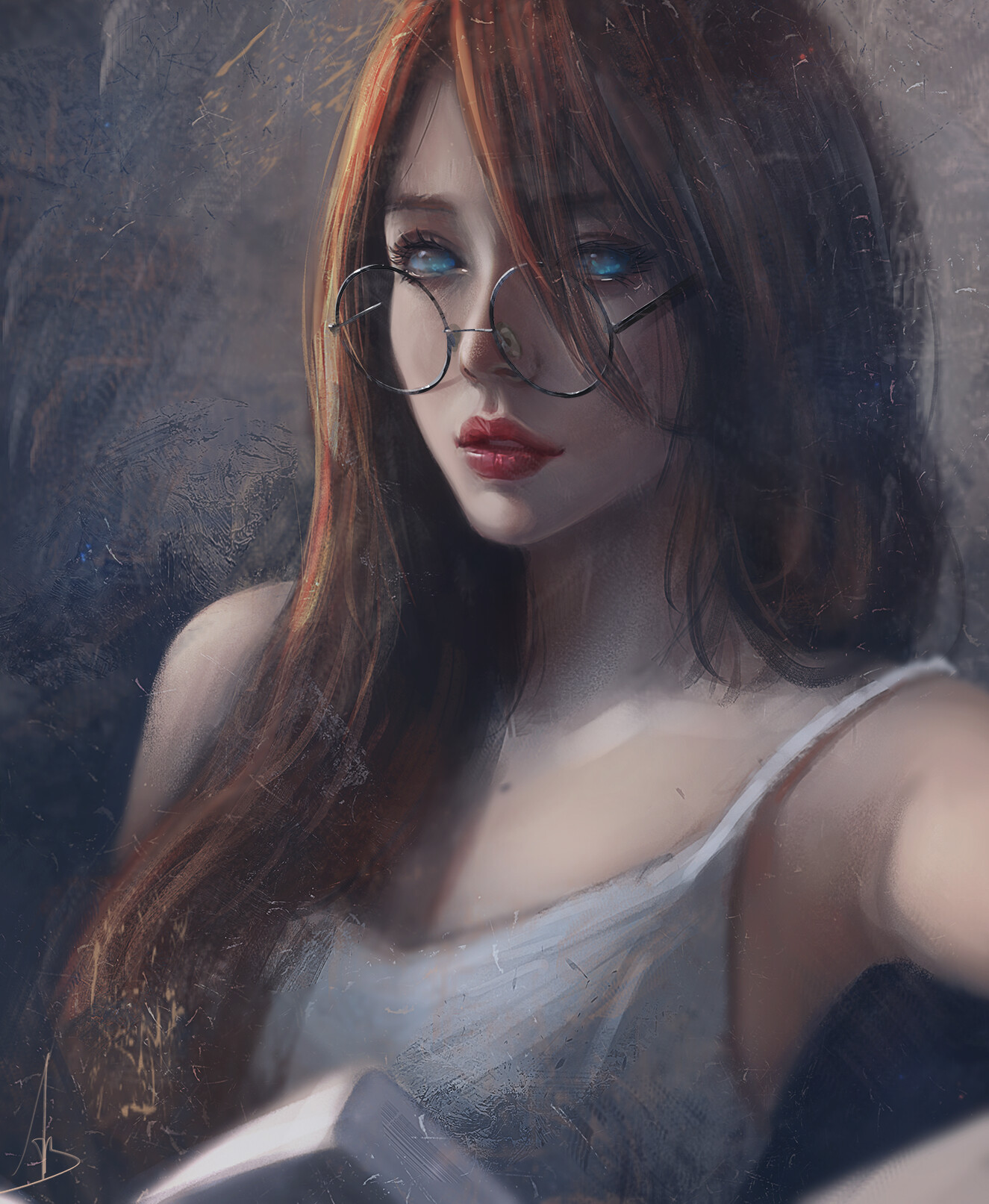 General 1325x1613 artwork redhead blue eyes glasses women with glasses long hair Trungbui