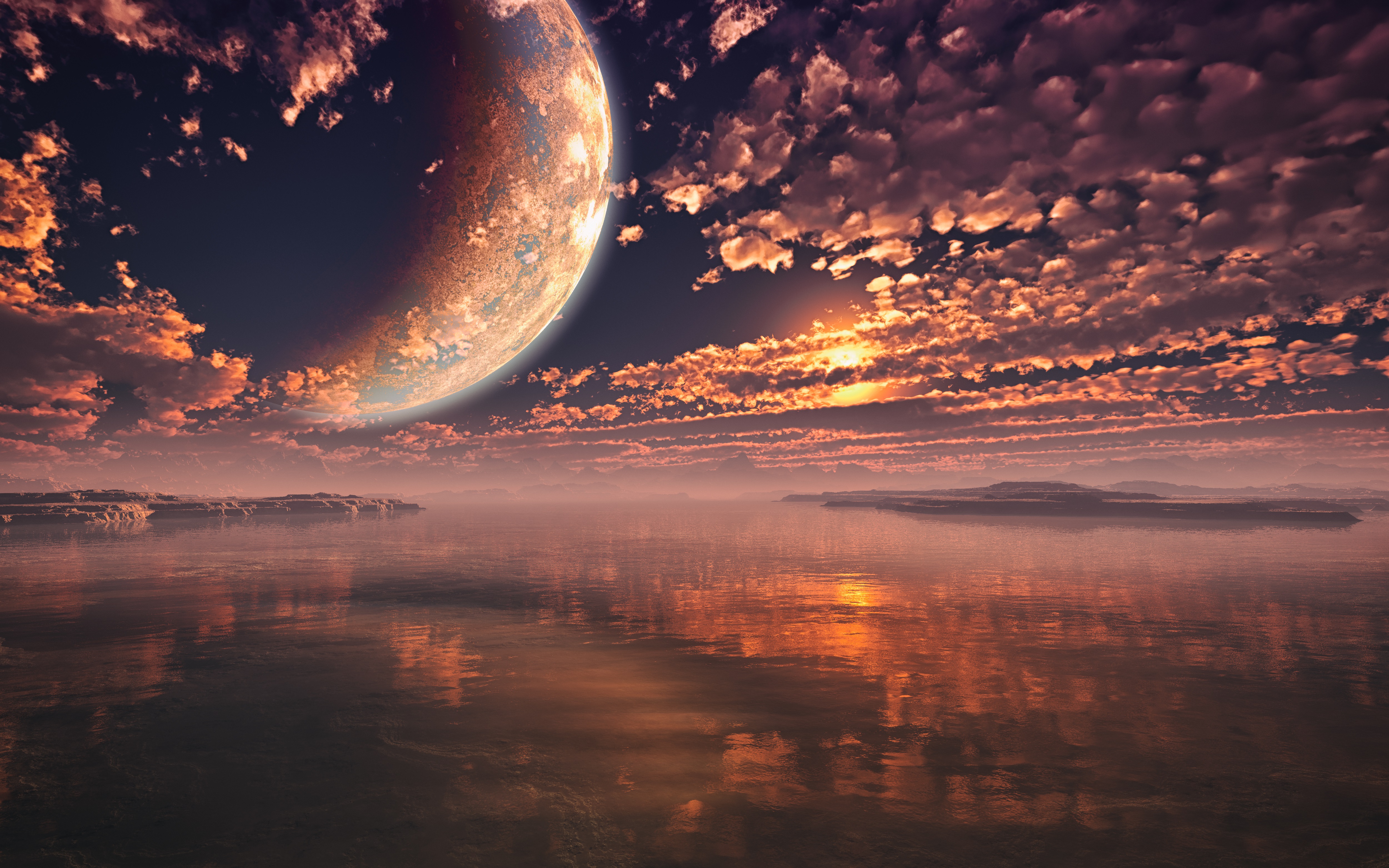 General 5000x3125 Moon sea water CGI reflection clouds sky landscape sunlight sunset lights nature planet space
