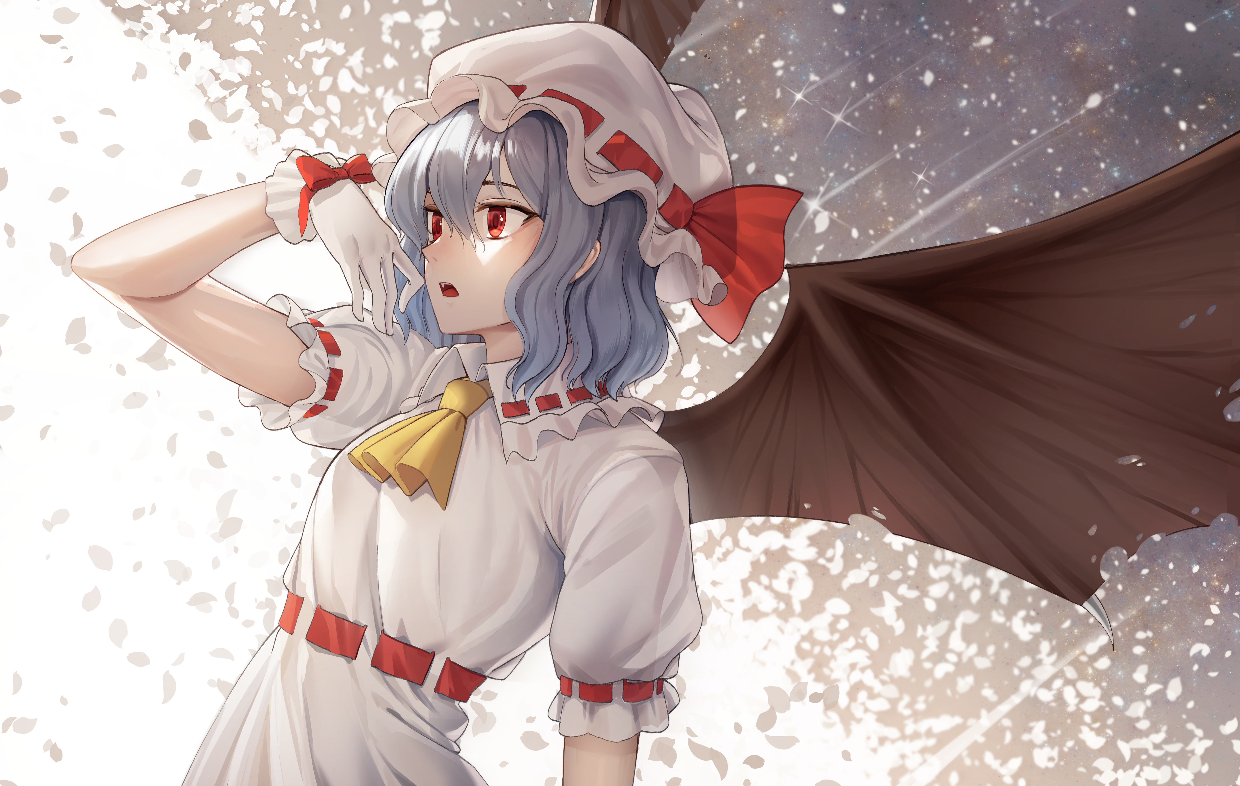 Anime 4800x3042 Goback Touhou Remilia Scarlet anime anime girls Pixiv hat red eyes gloves dress white dress white clothing women with hats open mouth