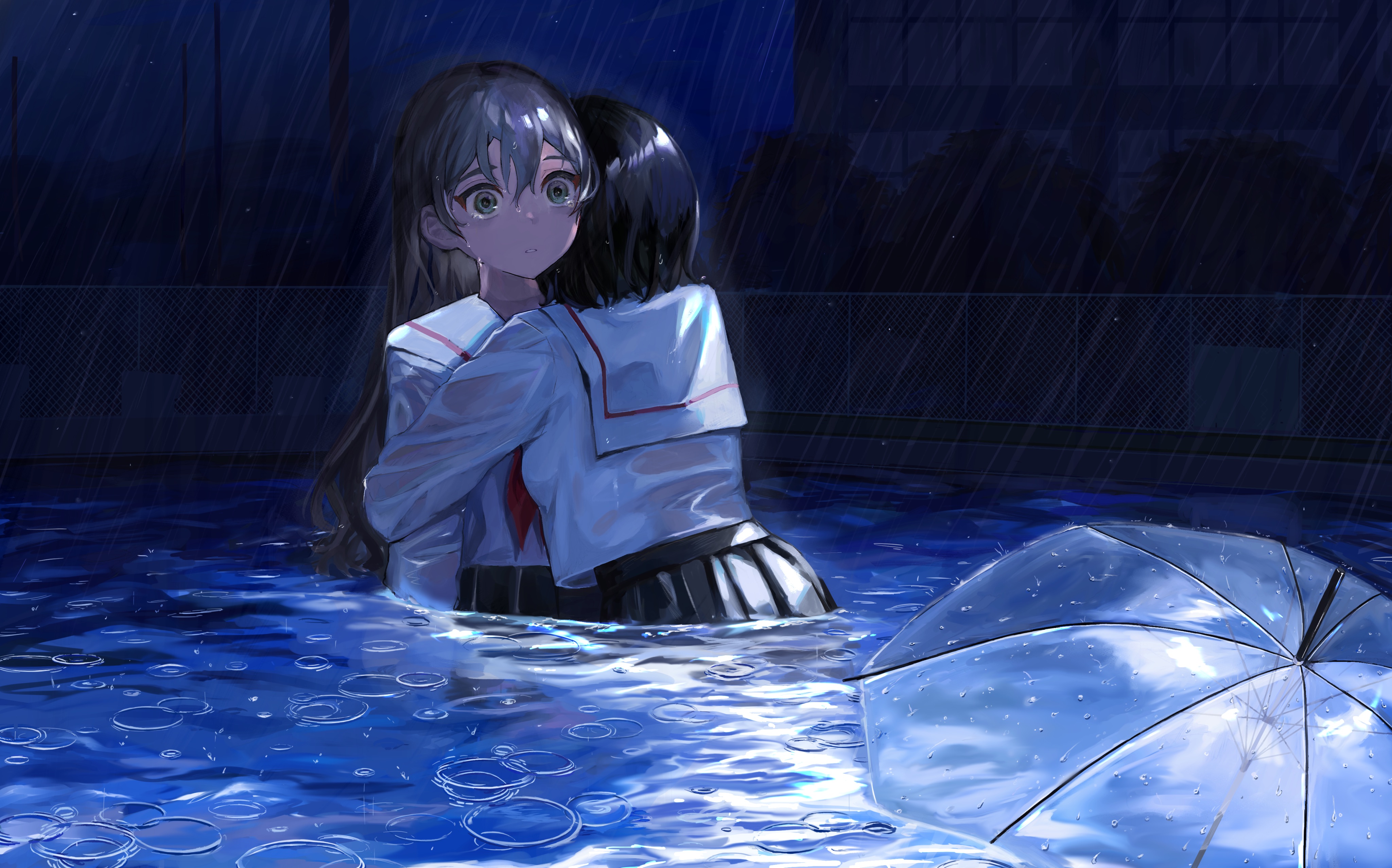 Anime 4096x2555 Mikanoisi umbrella anime anime girls swimming pool rain sailor uniform hugging tears