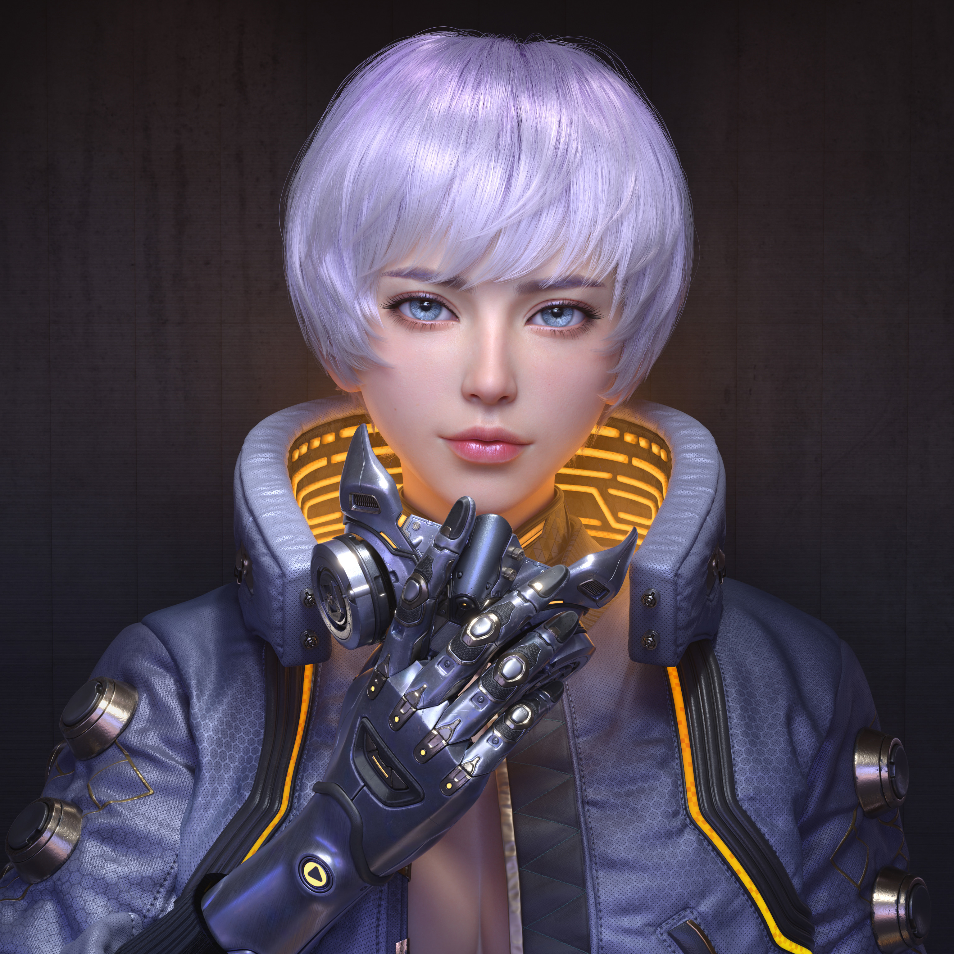 General 3072x3072 Huifeng Huang CGI women androids short hair purple hair bangs blue eyes jacket cyberpunk mask