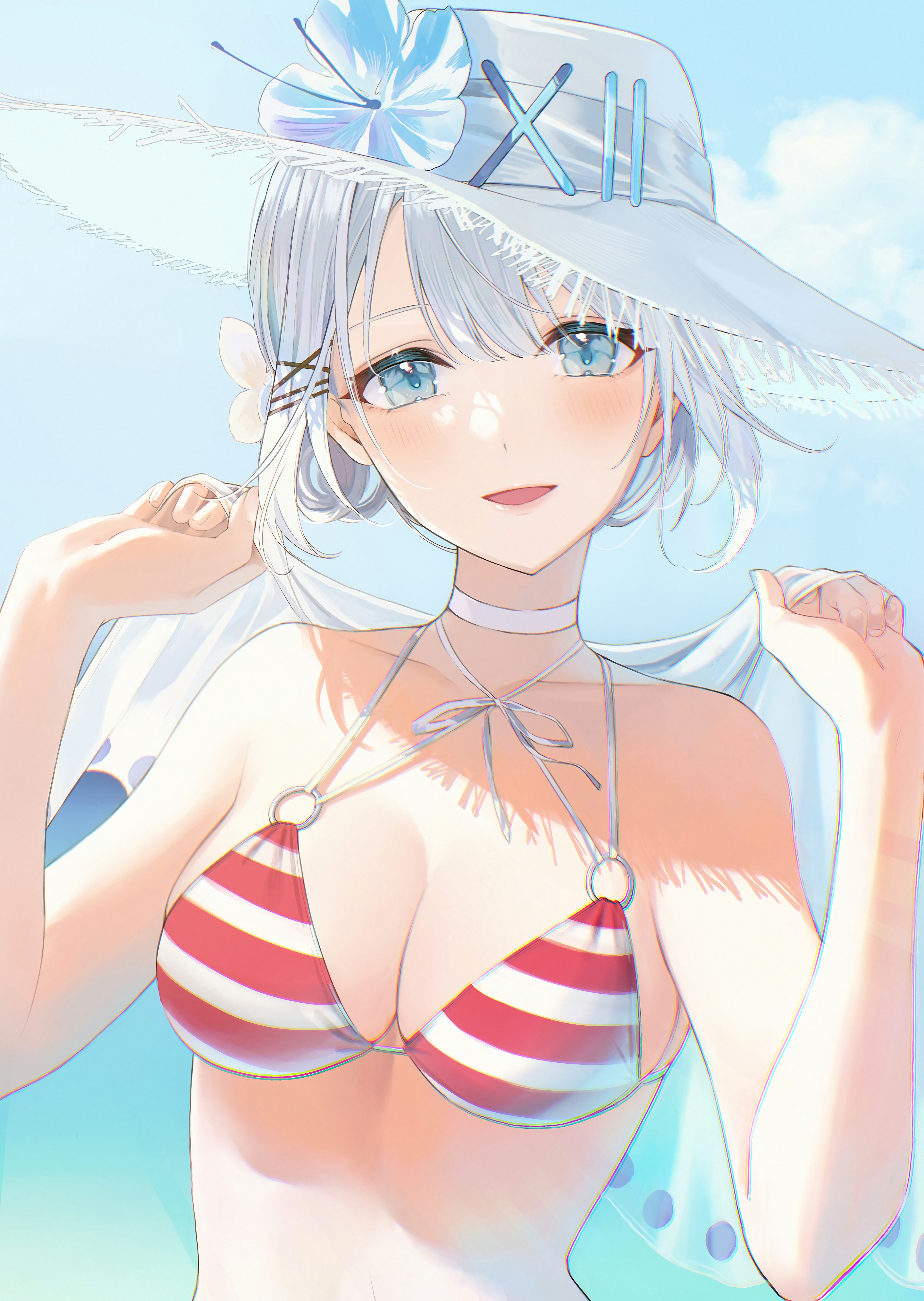 Anime 4800x6760 bikini beach hat silver hair blue eyes cleavage anime girls Tantei Wa Mou Shindeiru Siesta Magako looking at viewer blushing striped bikini smiling