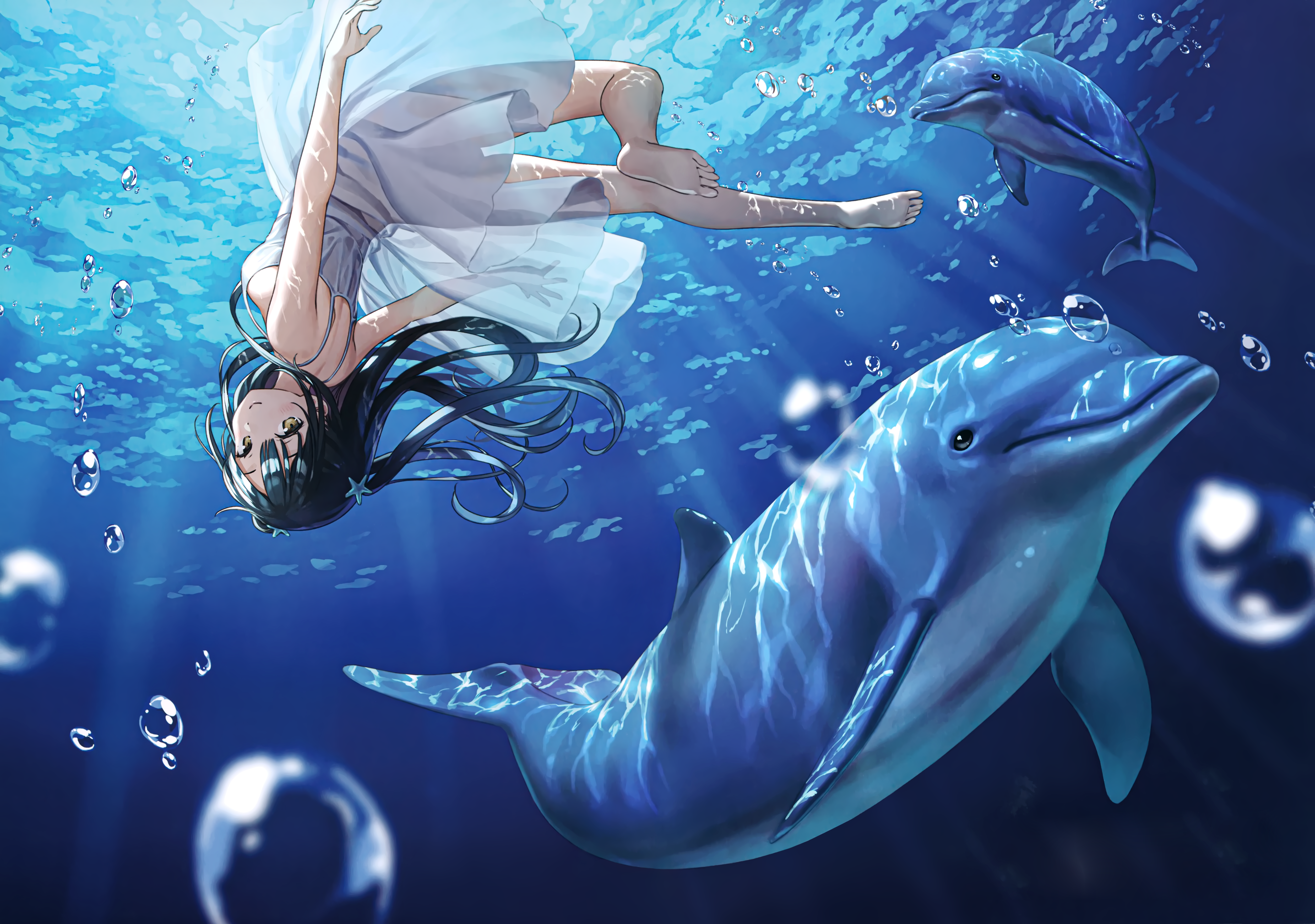Anime 5018x3527 dolphin summer dress underwater Nagisa (Kantoku) anime girls artwork dress barefoot black hair see-through skirt