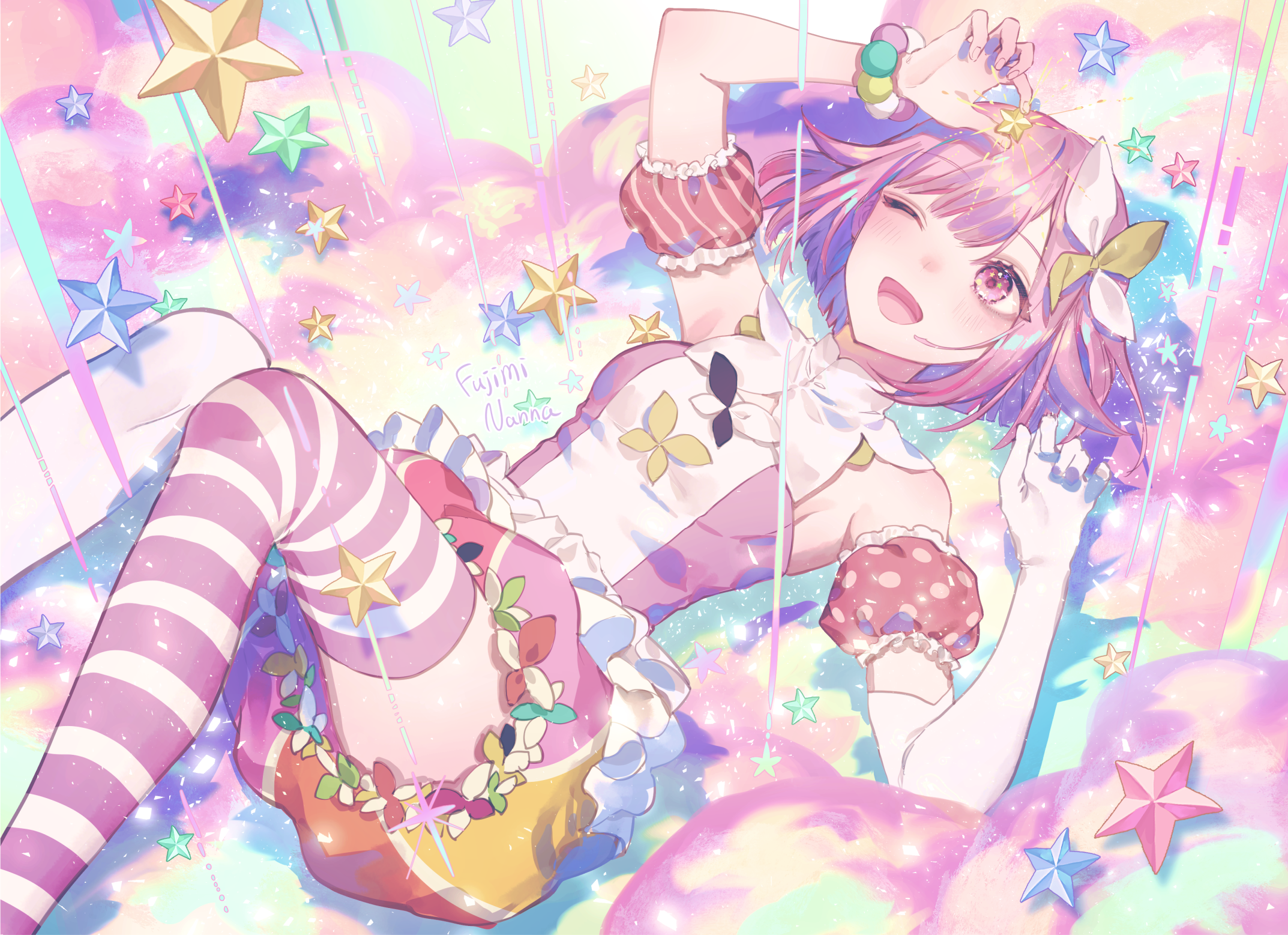 Anime 2146x1557 anime anime girls bracelets one eye closed stockings pink stockings striped stockings colorful stars lying on back open mouth lying down short hair elbow gloves missing glove signature Nanna Fujimi smiling mismatched socks frills bloomers bare shoulders thigh-highs skinny