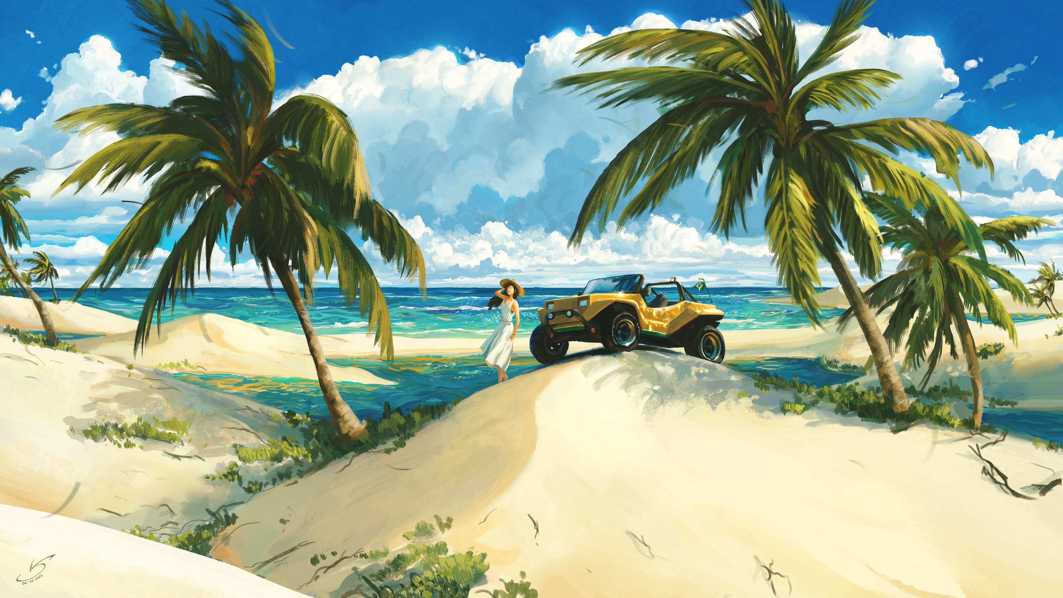General 3701x2082 digital art artwork digital sand beach dunes buggy beach buggy clouds landscape nature palm trees VSales women women with cars car vehicle women on beach yellow cars