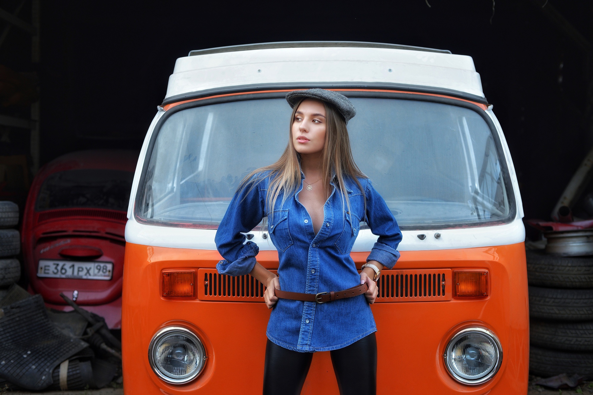 People 2000x1335 women model Volkswagen orange cars car vehicle hat women with hats standing looking away numbers long hair women with cars necklace denim shirt brown belt belt leather pants  black pants ombre hair straight hair German cars