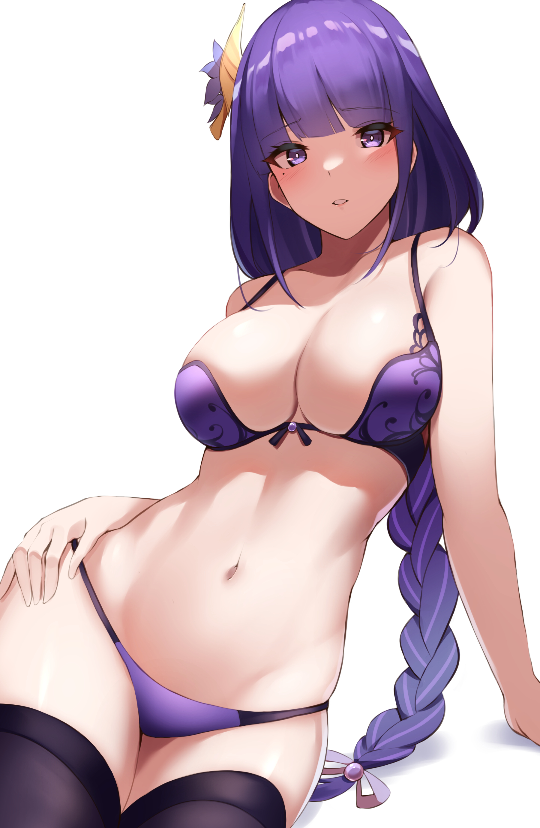Anime 1800x2760 anime girls Genshin Impact Raiden Shogun (Genshin Impact) underwear stockings big boobs purple hair purple eyes braids Haneramu artwork