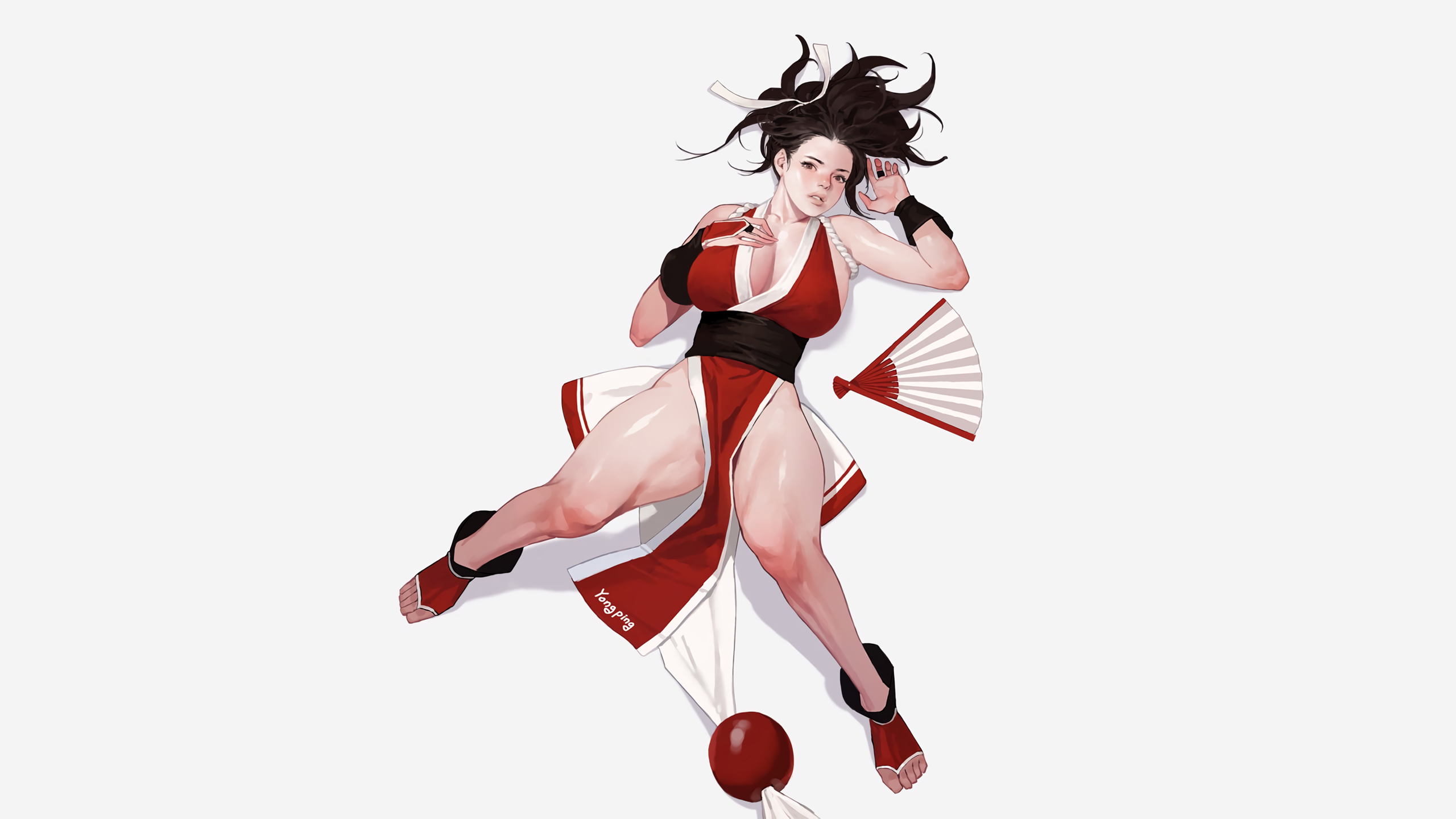 Anime 2560x1440 anime anime girls simple background King of Fighters Fatal Fury Mai Shiranui thighs Japanese clothes big boobs boobs cleavage huge breasts lying on back Dongho Kang