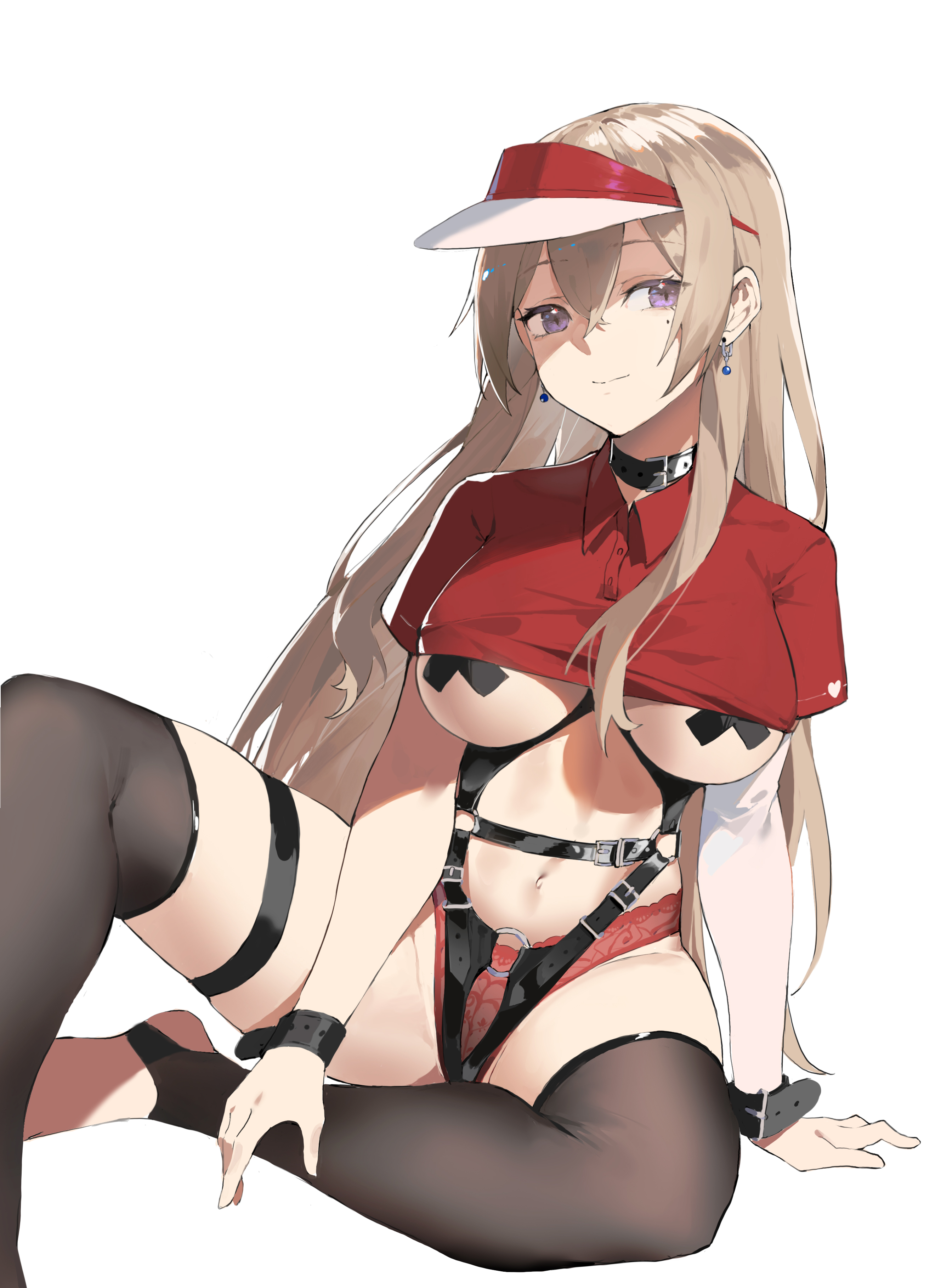 Anime 2640x3636 AliosArvin anime anime girls big boobs simple background looking at viewer black stockings taped nipples collar nipple pasties choker red panties lace thigh strap stirrups sun hats red shirt long hair handcuffs underboob moles mole under eye