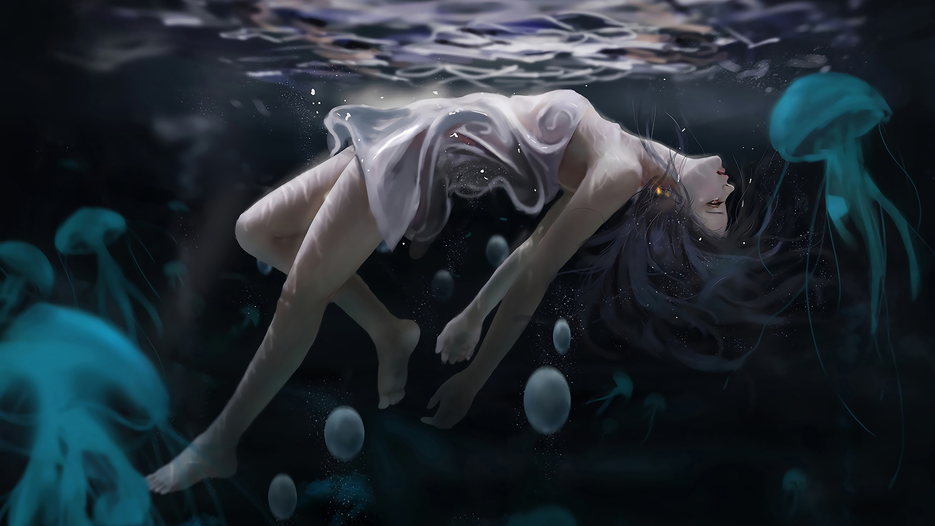 Anime 1920x1080 anime girls anime jellyfish in water underwater water deep water white dress profile