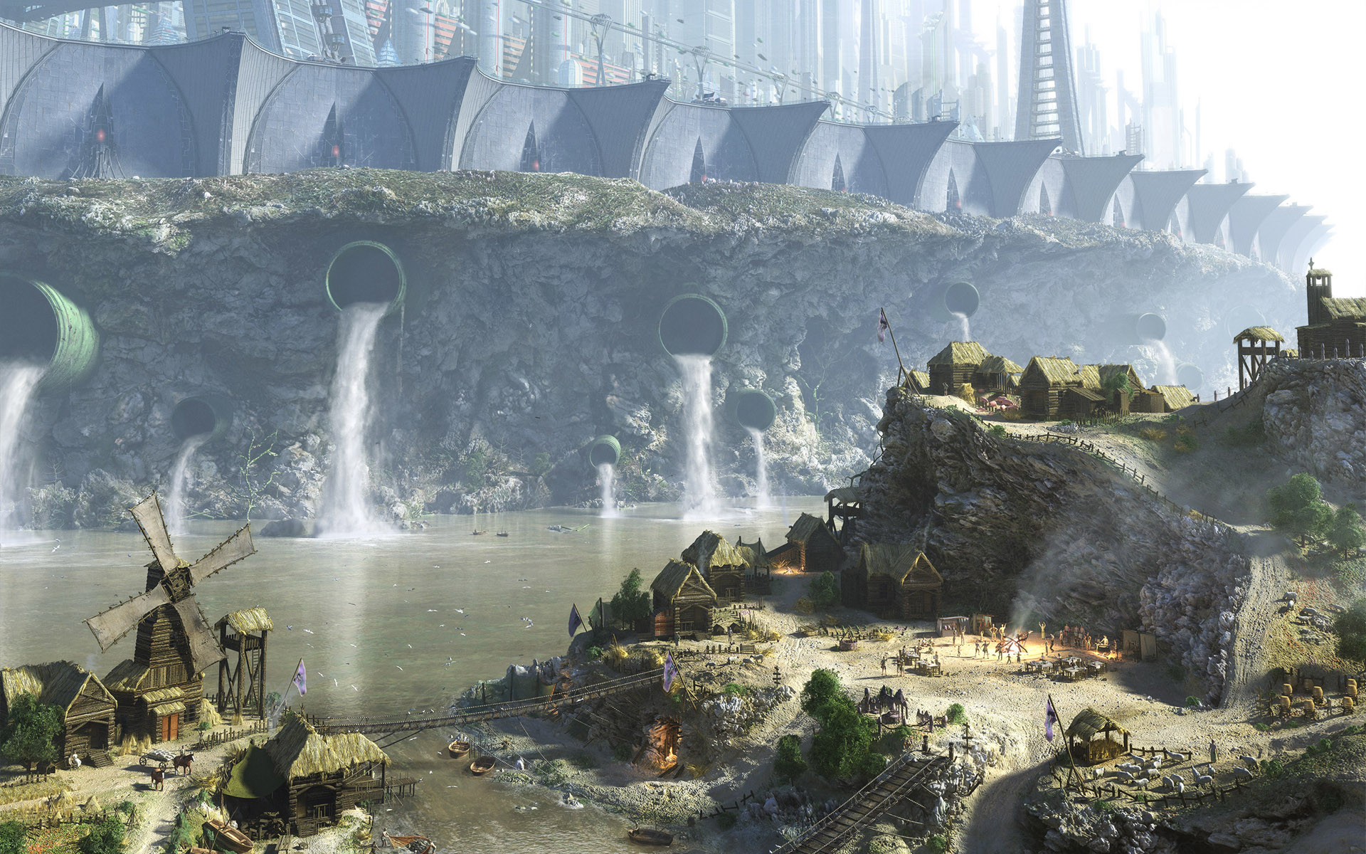 General 1920x1200 science fiction river bridge medieval futuristic fantasy art realistic artwork futuristic city CGI digital art