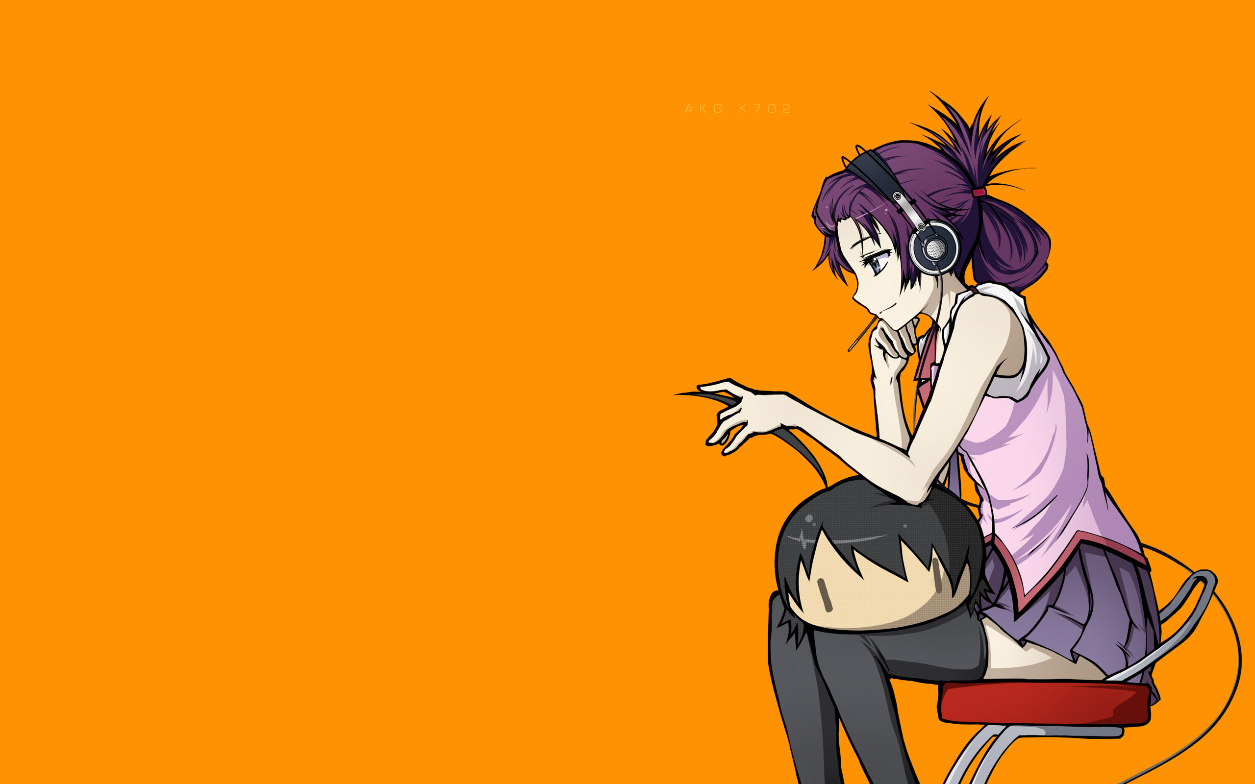 Anime 2560x1600 Monogatari Series simple background anime anime girls headphones purple hair sitting blue eyes orange background chair