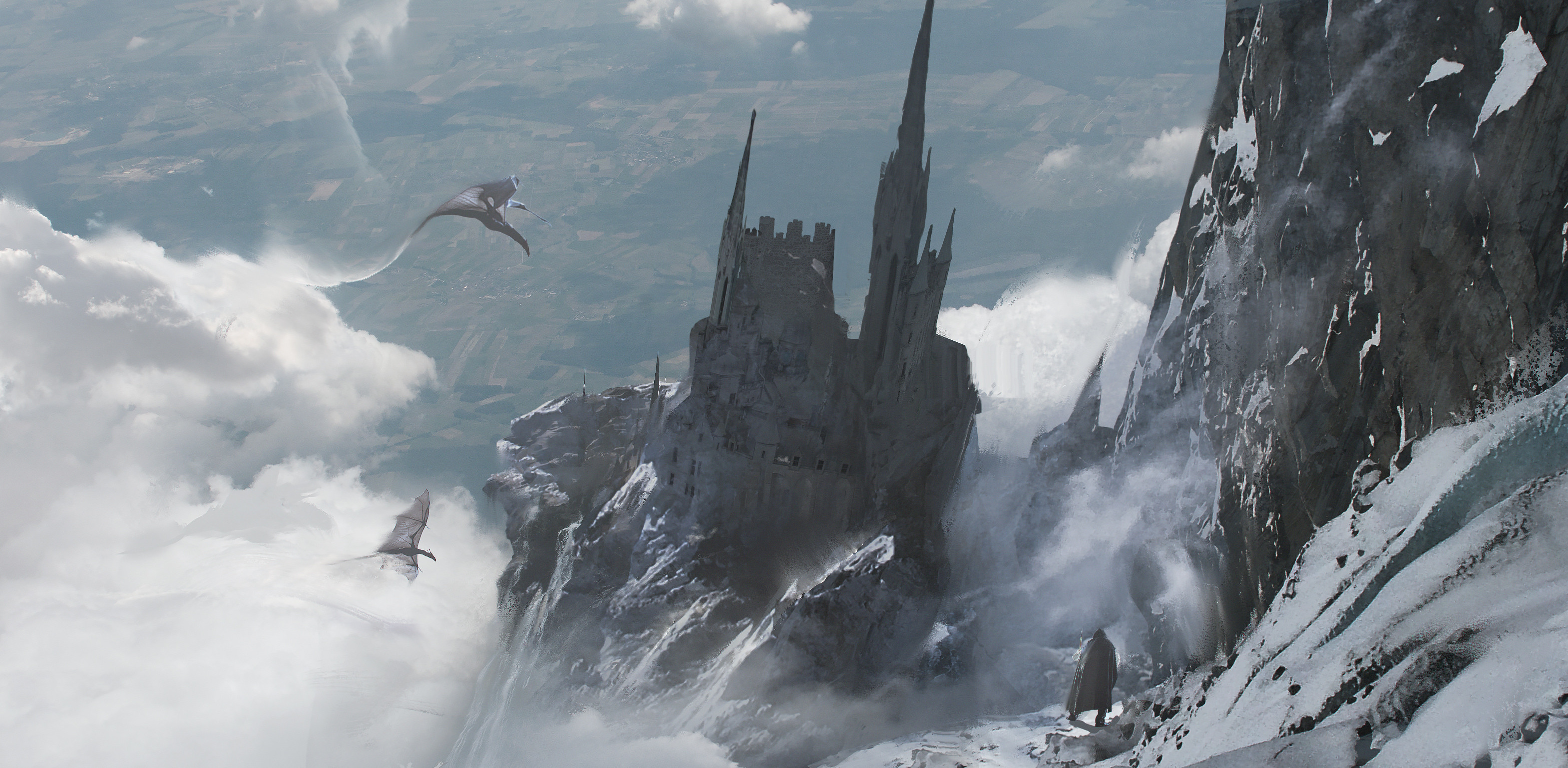 General 3140x1539 artwork fantasy art digital art mountains landscape castle snow dragon creature
