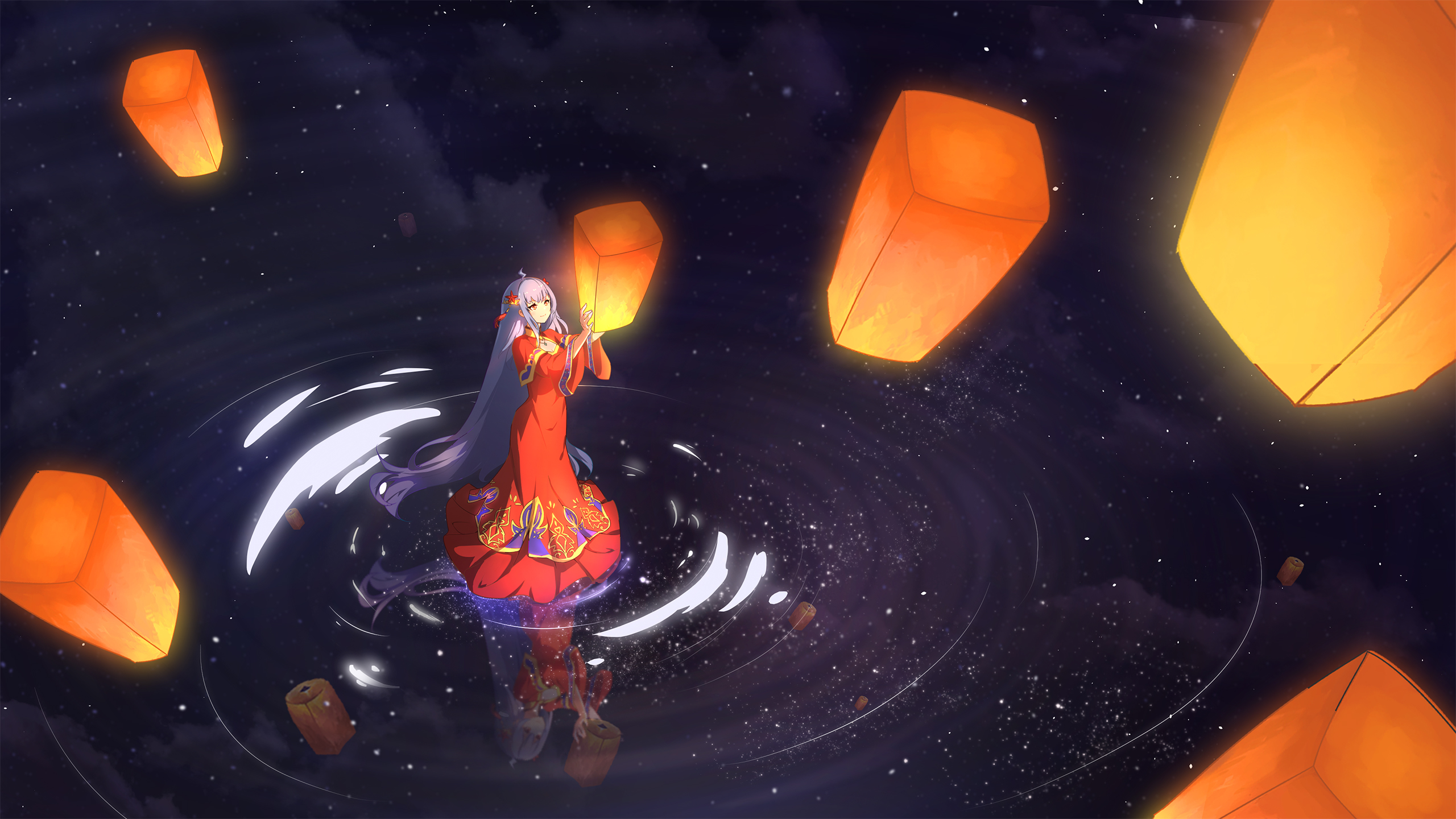 Anime 2560x1440 bilibili Bilibili Douga digital art anime girls water reflection lantern dress