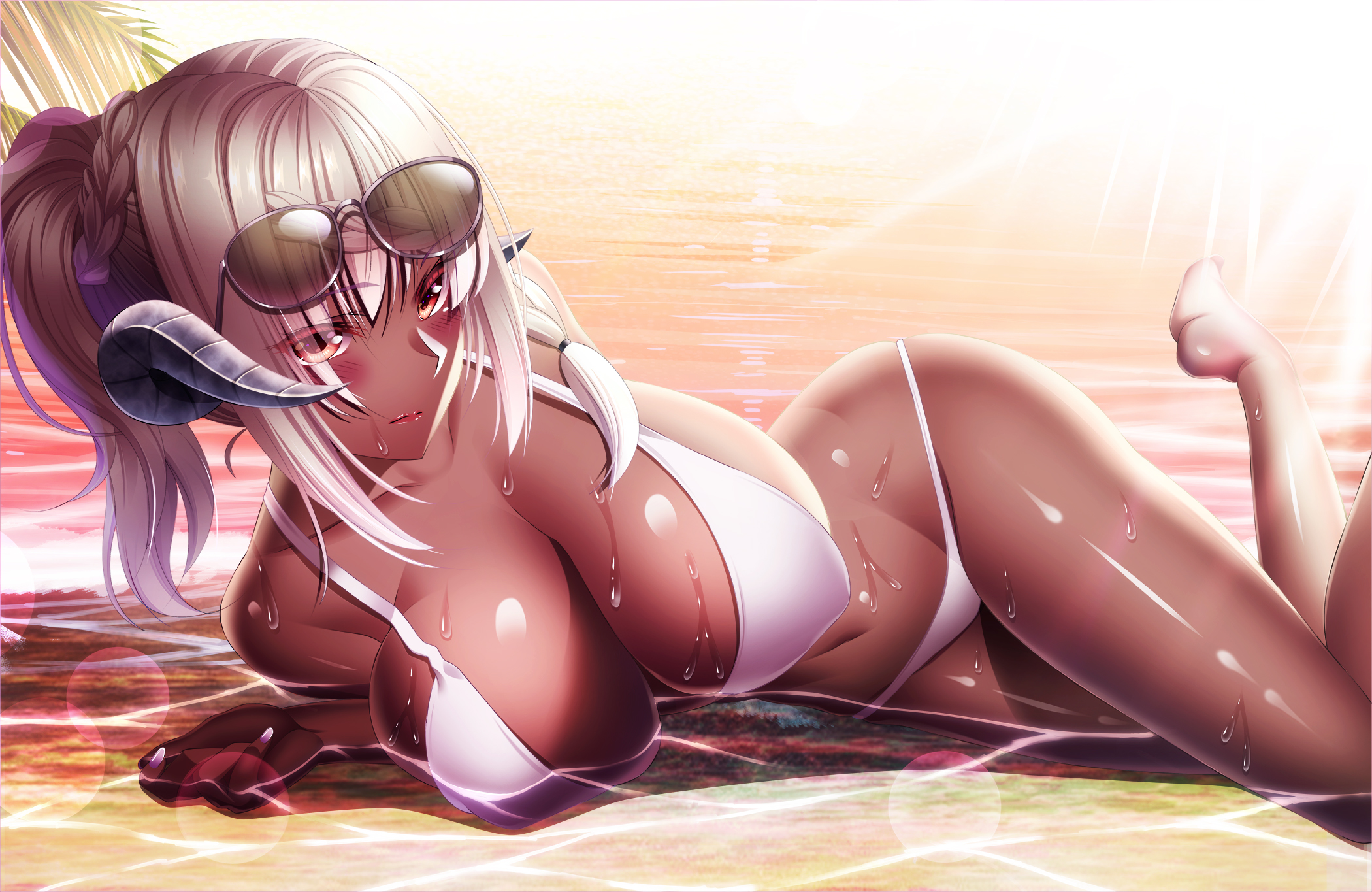 Anime 2100x1365 anime anime girls dark skin sunglasses bikini big boobs horns wet body Yuuzuki Hijiri