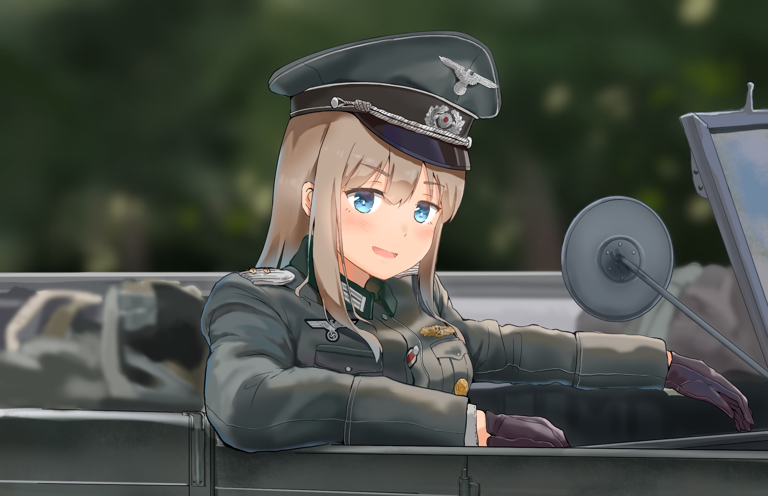 Anime 2467x1594 original characters anime girls blue eyes blonde long hair pale military uniform Military Hat hat Wehrmacht peaked cap car Unicron (Brous) German