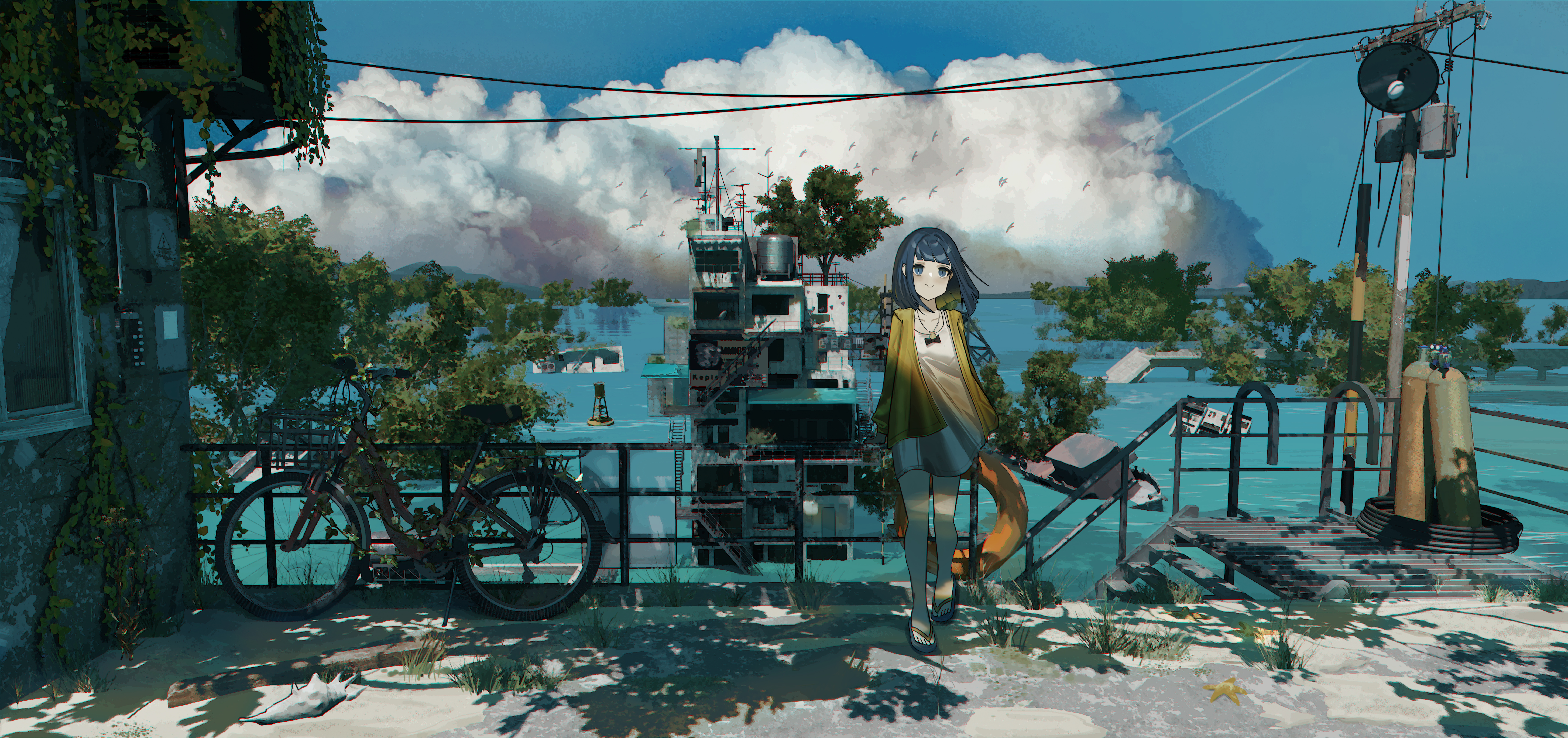 Anime 8951x4212 digital art digital painting artwork illustration anime girls clouds environment landscape street