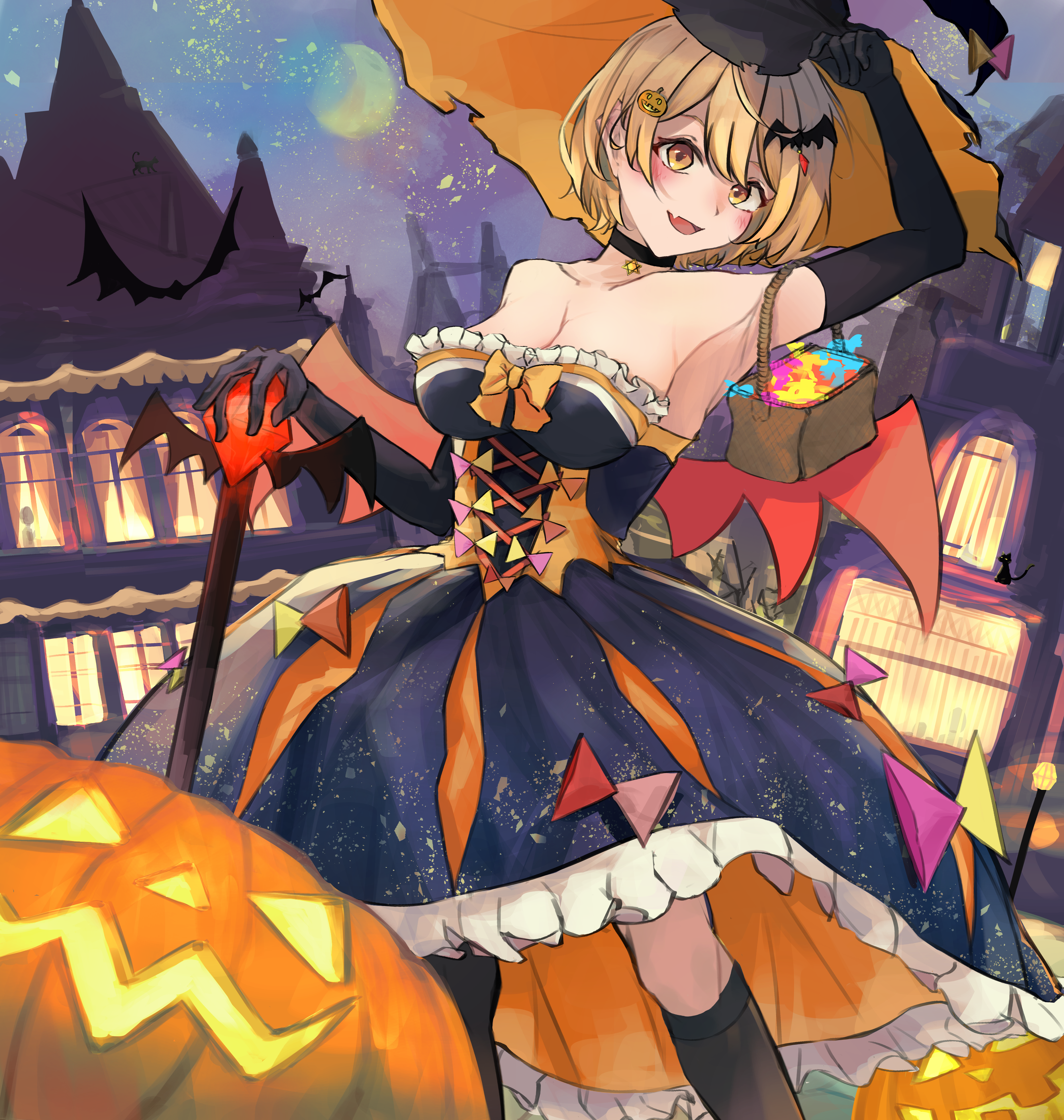 Anime 3735x3932 Hololive Yozora Mel Halloween pumpkin anime girls witch hat blonde yellow eyes bats