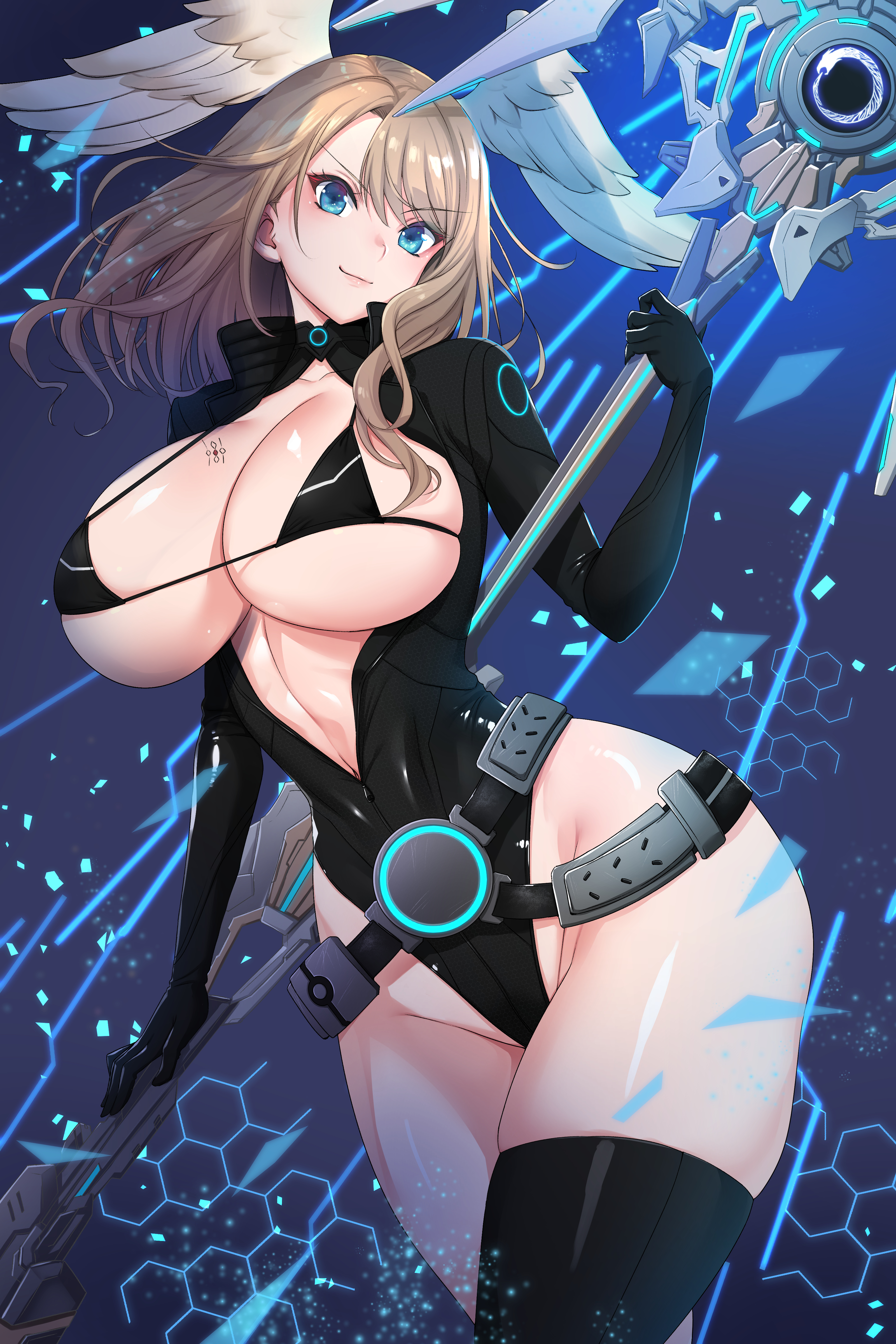 Anime 3200x4800 cleavage Xenoblade Chronicles 3 Eunie (Xenoblade 3) bikini bodysuit blonde blue eyes tight clothing thighs thigh-highs tattoo swimwear standing belly looking at viewer leotard huge breasts head wings curvy legs crossed anime girls
