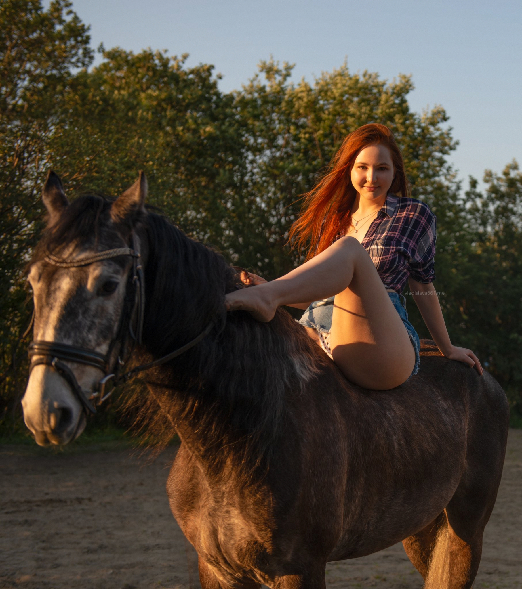 People 1814x2048 Vladislava Shelygina women model redhead shirt miniskirt upskirt panties polka dot panties thighs women outdoors horse
