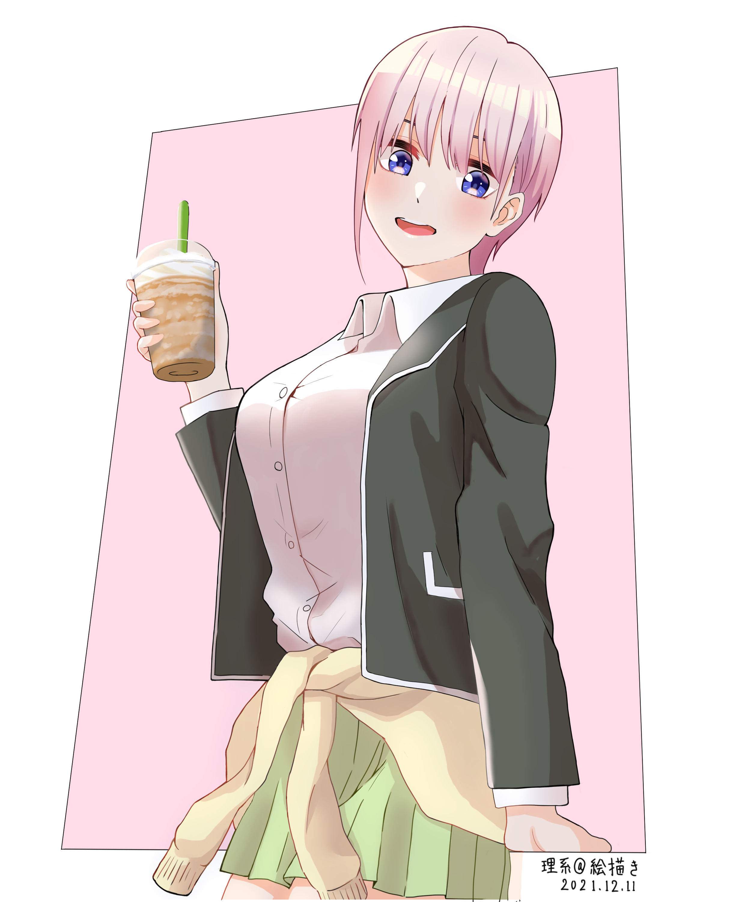 Anime 2480x3000 anime anime girls 5-toubun no Hanayome Nakano Ichika short hair pink hair solo artwork digital art fan art Japanese drink