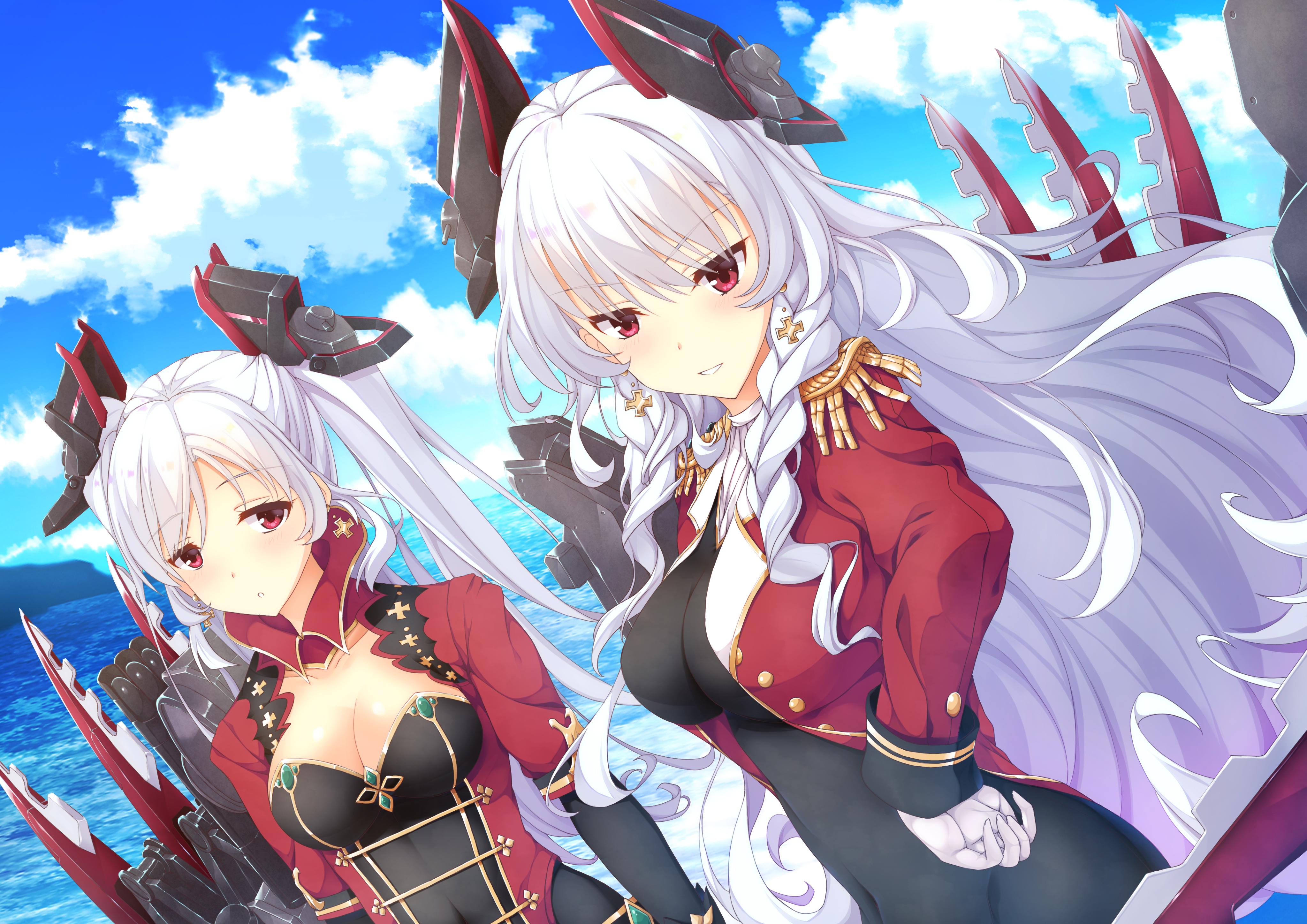 Anime 4093x2894 Blue Oath Scharnhorst (Blue Oath) Gneisenau (Blue Oath) gold-trimmed clothes hair accessories red eyes white hair Rigging long hair anime girls military uniform stylized military uniform Golden Iron cross epaulettes hair in face two women sky looking at viewer pale detailed high detail Caucasian