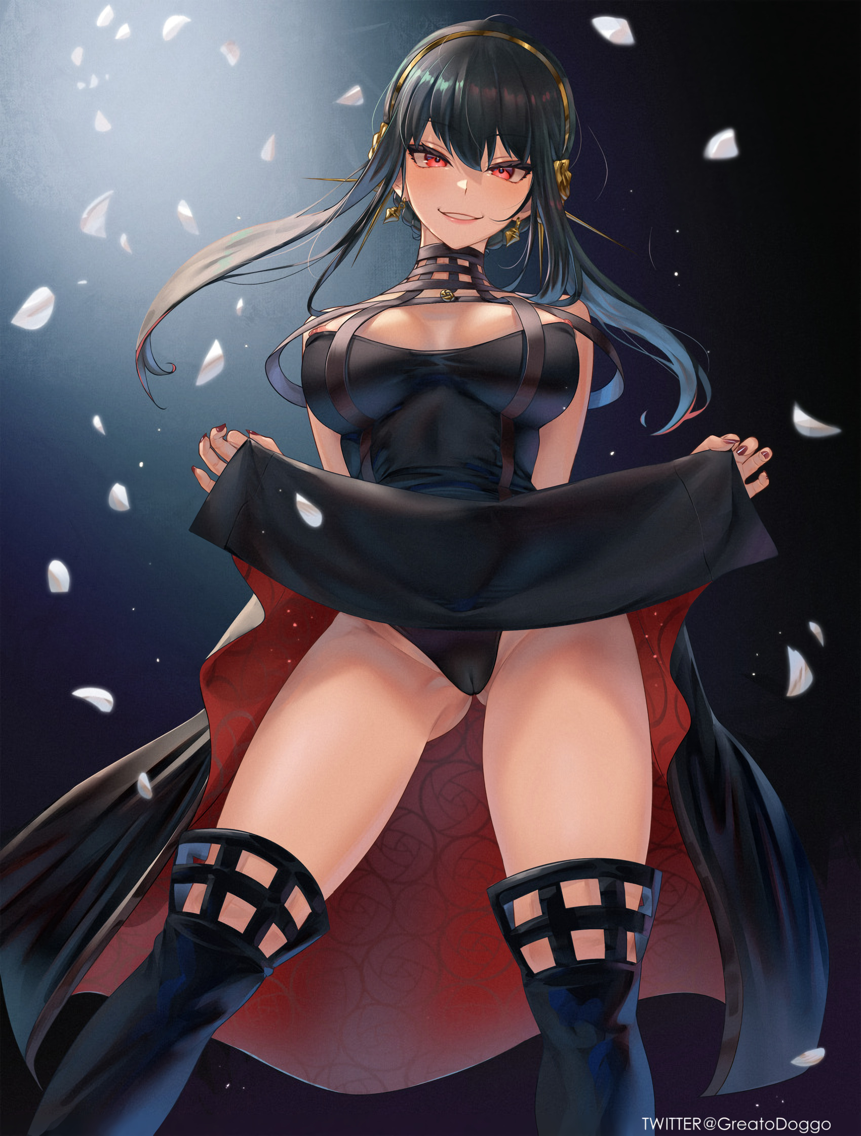 Anime 1700x2242 anime anime girls Yor Forger Spy x Family red eyes lifting clothes petals cameltoe thighs lifting dress black dress dress low-angle GreatoDoggo