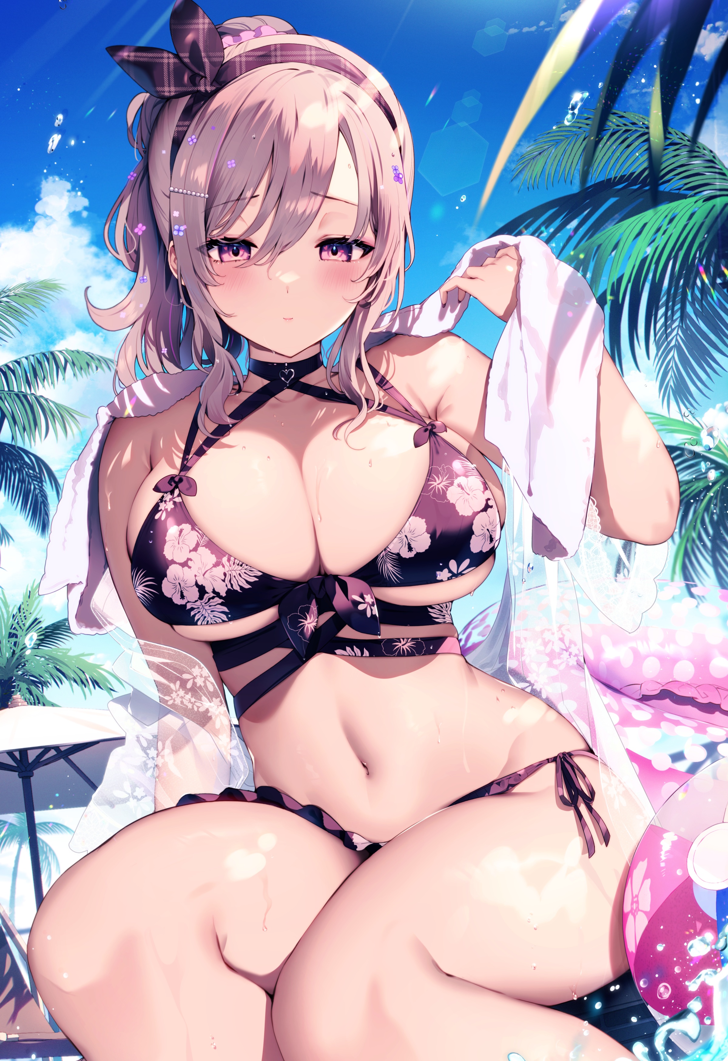 big boobs, Cut (artist), anime girls, bikini, swimwear, wet, beach, purple  eyes, artwork, palm trees | 2400x3500 Wallpaper 
