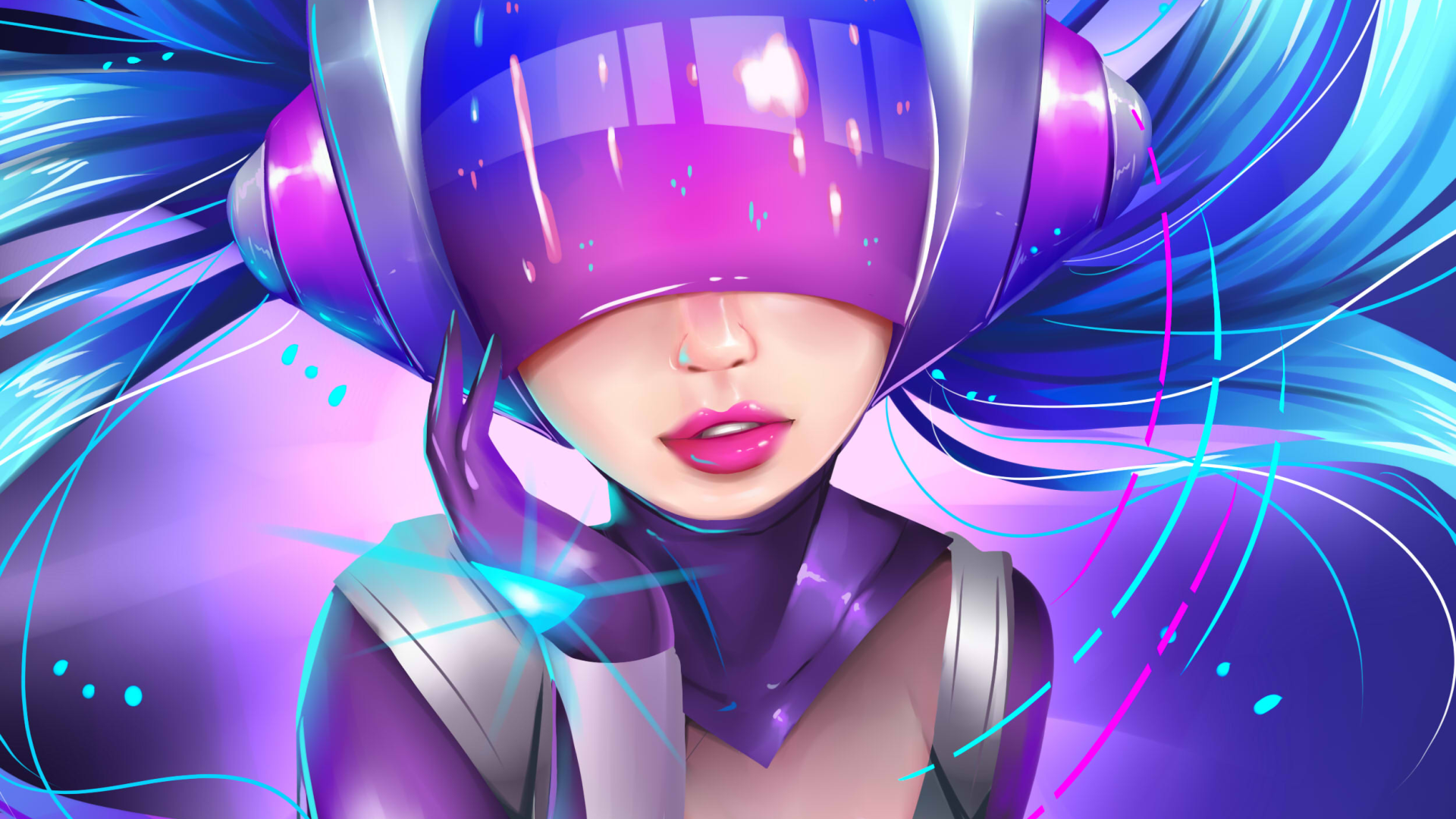 General 1920x1080 League of Legends Sona (League of Legends) blue hair long hair pink lipstick closeup digital art video games video game characters lips juicy lips video game girls eyes hidden technology gloves parted lips simple background
