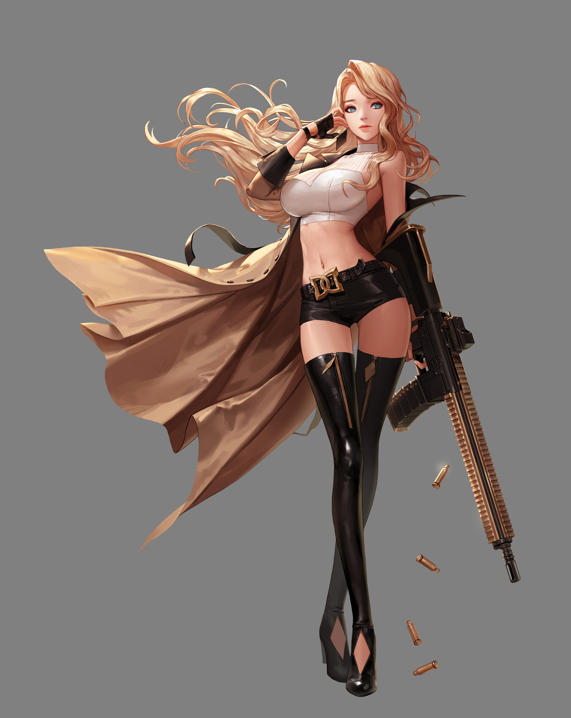 Anime 1920x2416 portrait display original characters simple background open coat crop top thigh high boots short shorts weapon blonde anime girls