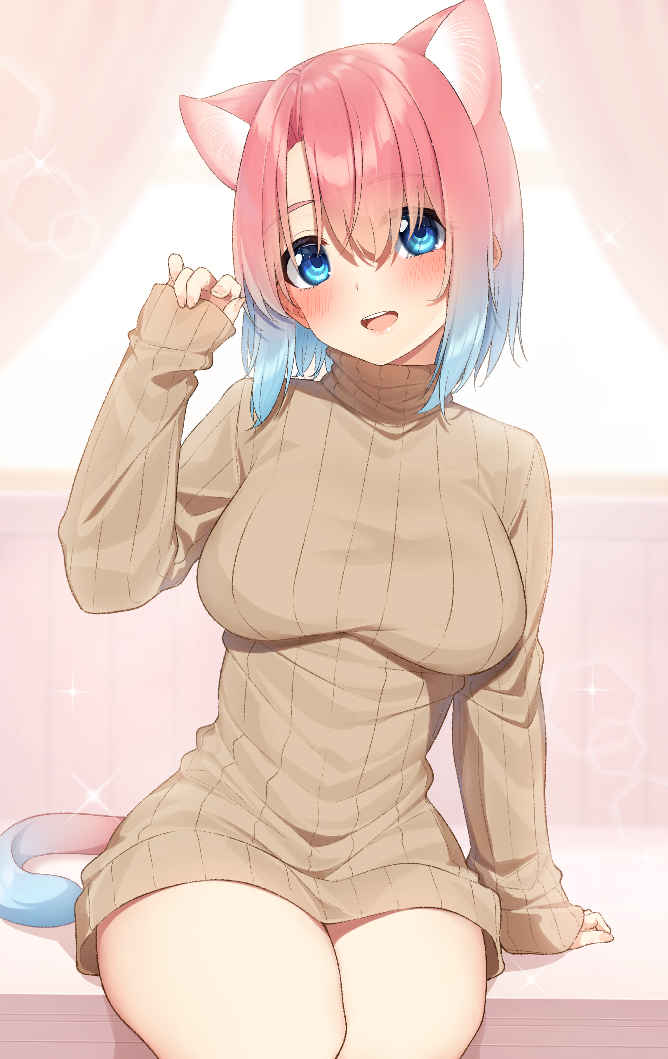 Anime 2288x3624 anime girls portrait display simple background animal ears tail sweater blushing pink hair short hair multi-colored hair blue eyes go-1