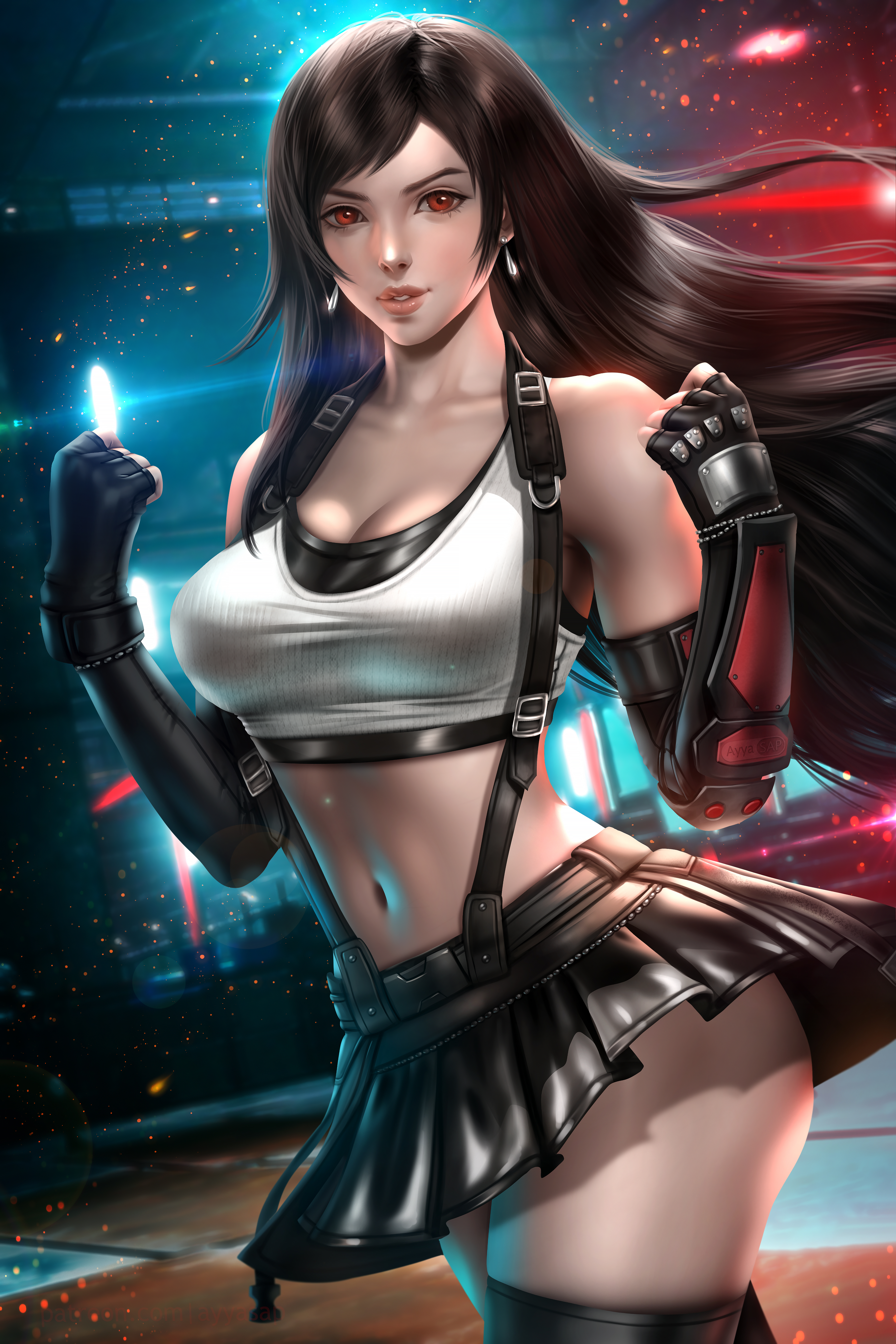 General 4000x6001 Tifa Lockhart Final Fantasy video games video game girls fictional character brunette long hair looking at viewer red eyes parted lips arm warmers fingerless gloves gloves suspenders cleavage white tops belly miniskirt upskirt thighs thigh-highs portrait display artwork drawing video game characters illustration digital art fan art Ayya Saparniyazova