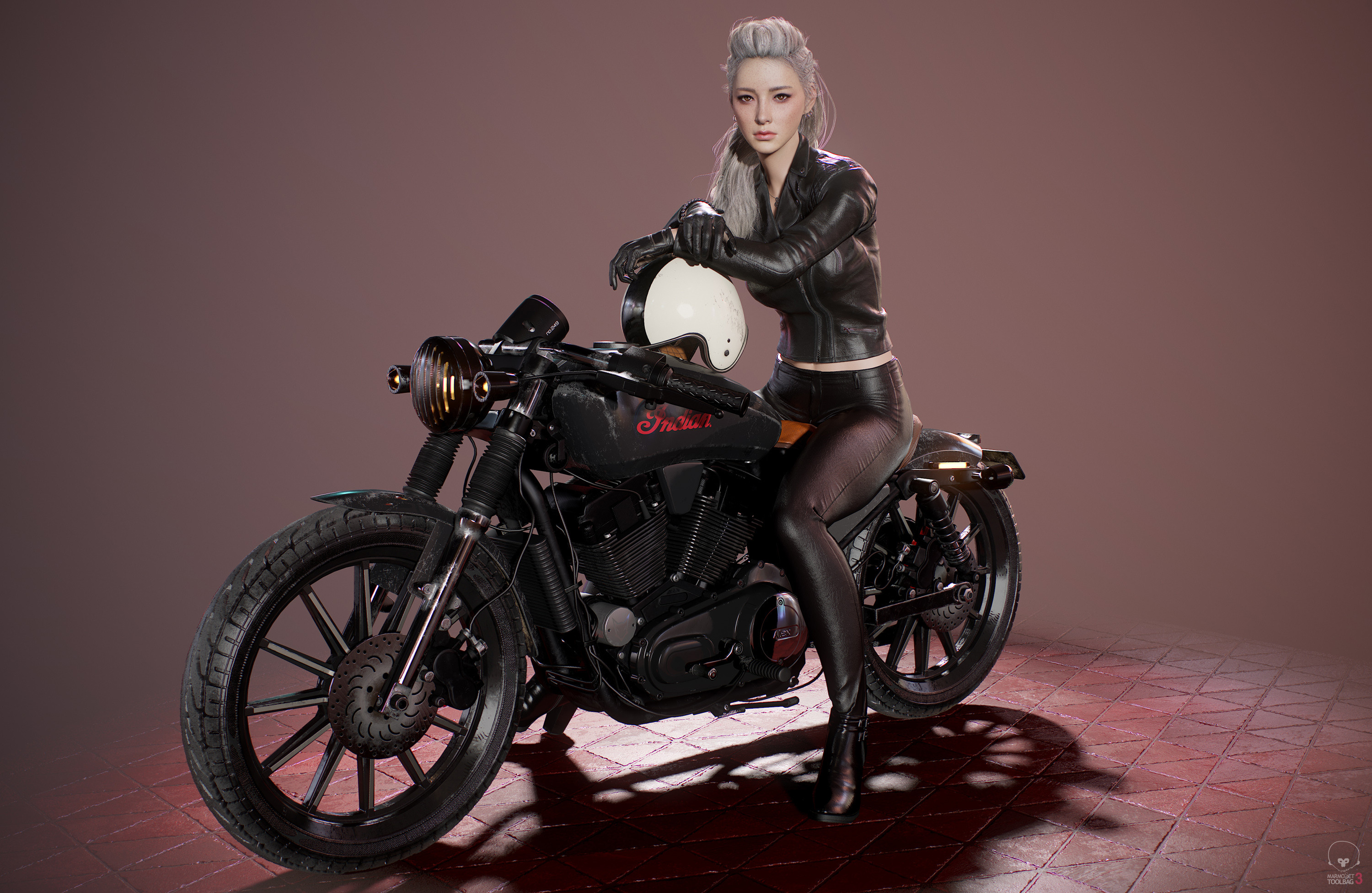 General 3000x1953 Seungmin Kim digital art artwork motorcycle women black clothing helmet blonde vehicle CGI Indian (brand)