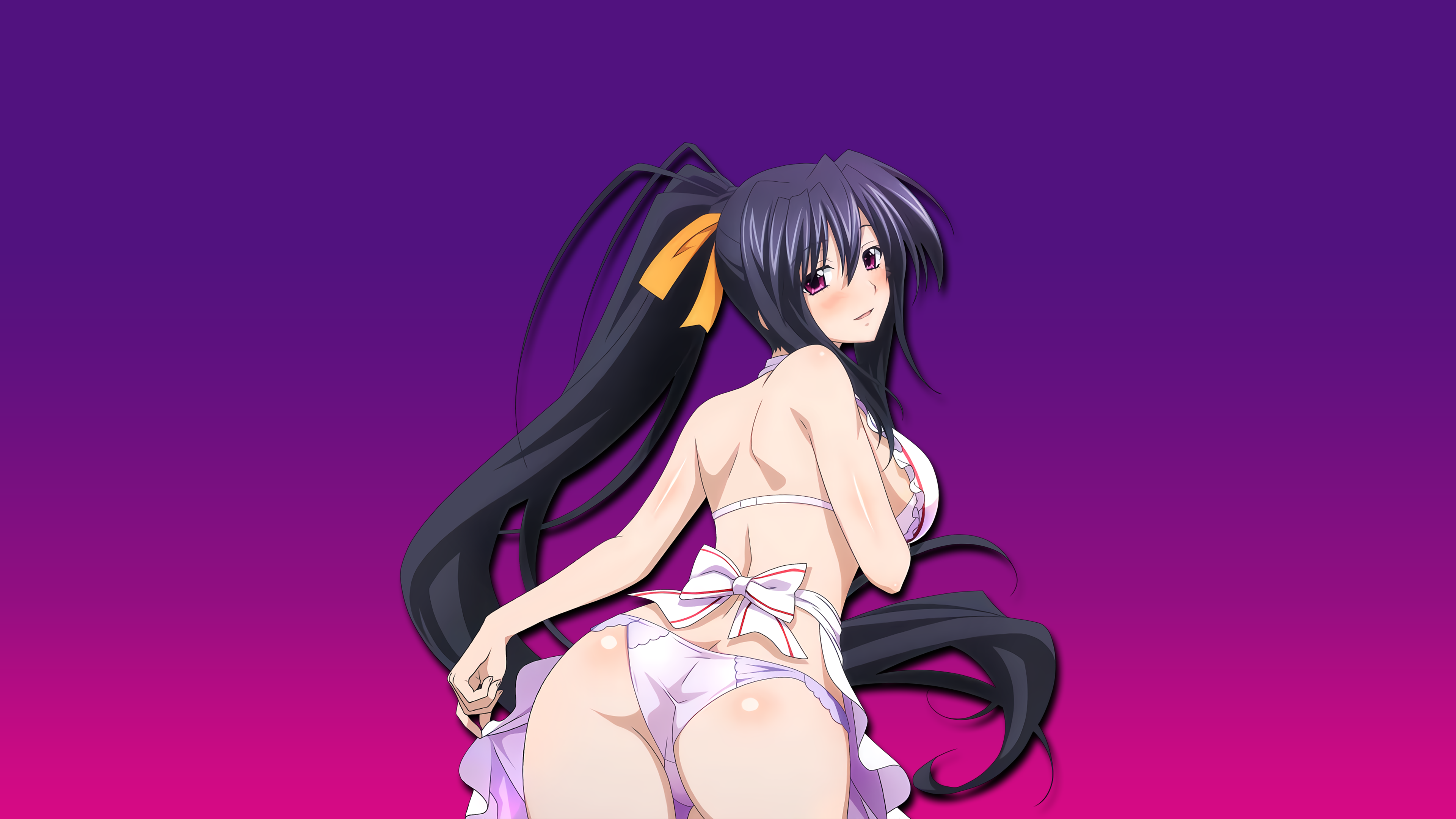 Anime 3840x2160 Himejima Akeno High School DxD anime girls ass anime purple background simple background gradient panties underwear rear view long hair looking over shoulder dark hair purple eyes white underwear partially clothed apron naked apron