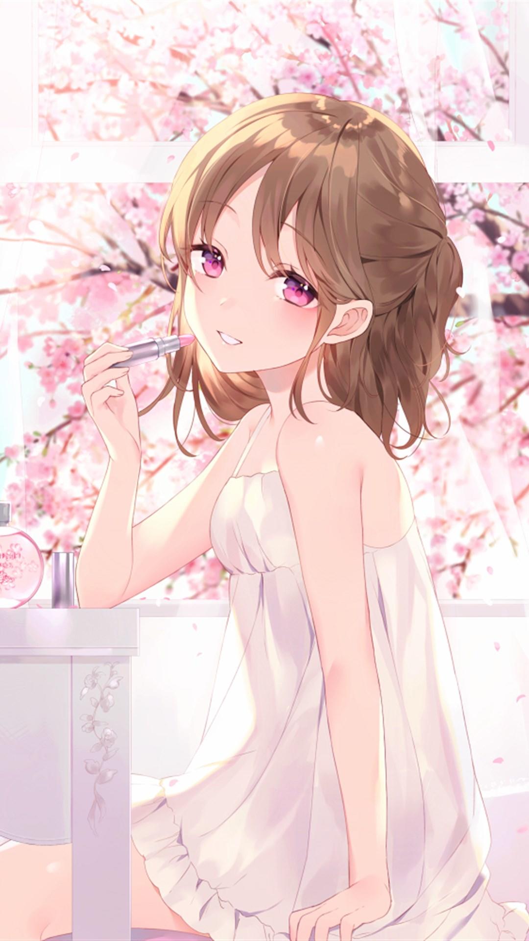 Anime 1080x1920 anime girls Achiki artwork cherry blossom brunette purple eyes