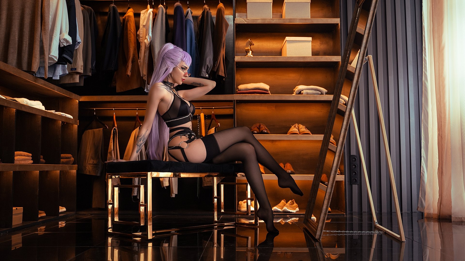 People 1920x1080 Akunohako League of Legends Evelynn (League of Legends) women model closet tattoo women with glasses lingerie black lingerie black stockings mirror sitting cosplay Alin Ma pointed toes